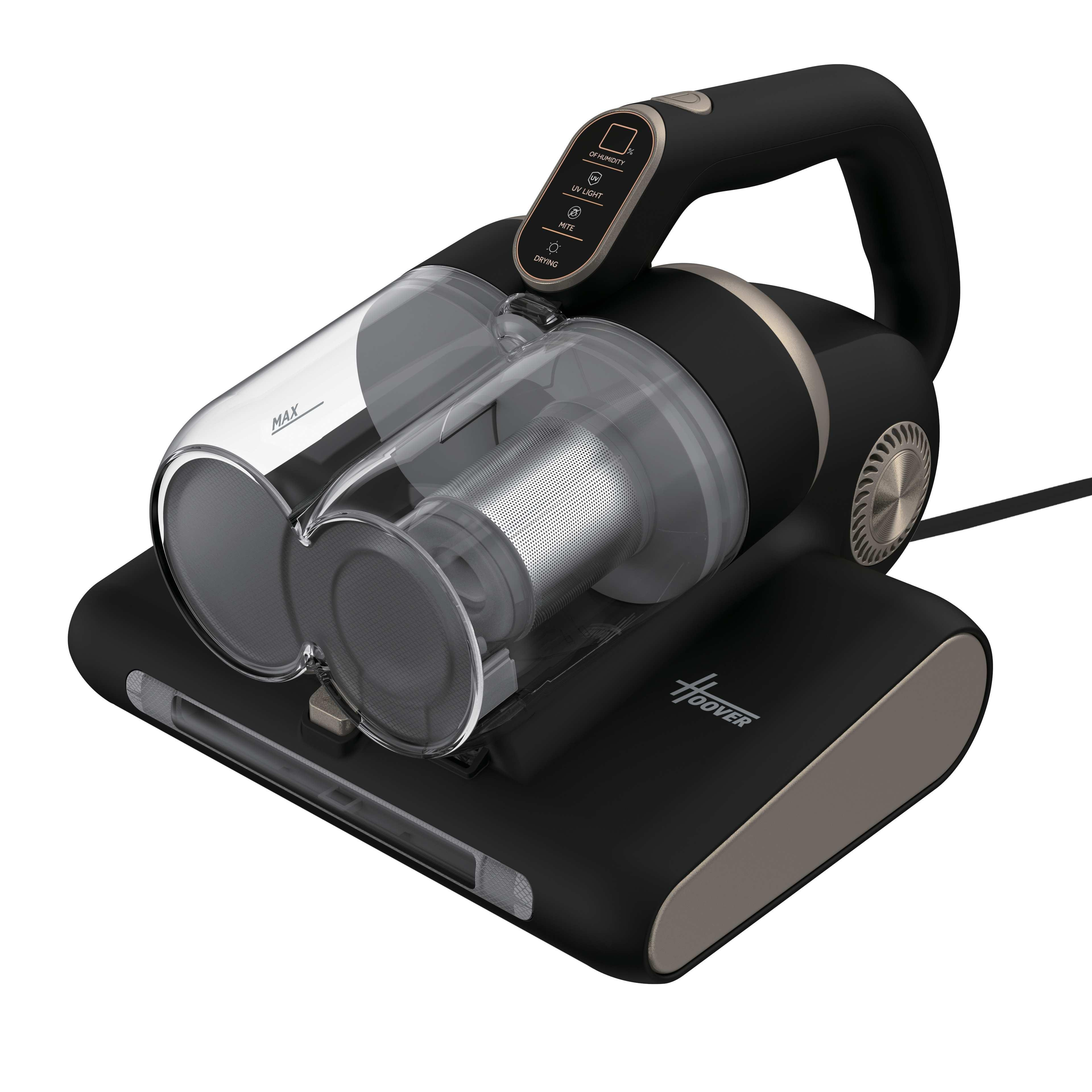 Un aspirapolvere nero portatile con accenti metallici e contenitore trasparente.