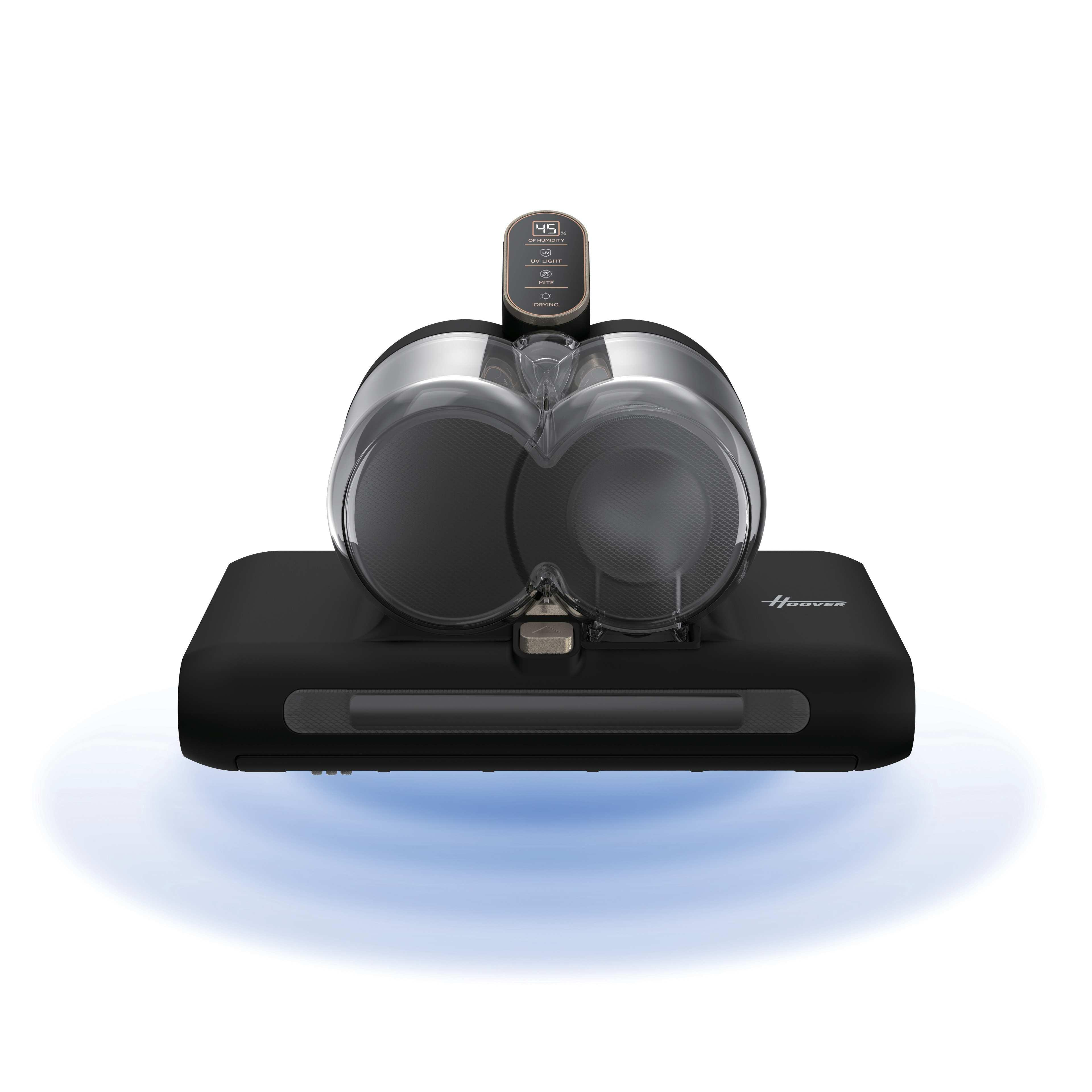 Un purificatore d'aria Hoover nero con serbatoi trasparenti e display digitale.