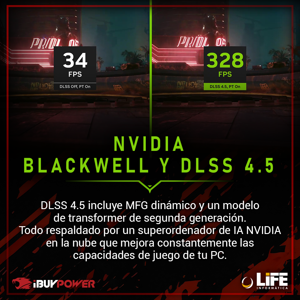 Pantalla dividida mostrando rendimiento del juego: 34 FPS DLSS Off vs 328 FPS DLSS On.