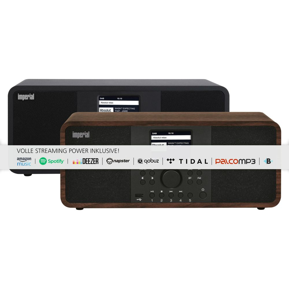 Dwa radia Imperial, jedno czarne, jedno drewniane. Z serwisami streamingowymi.