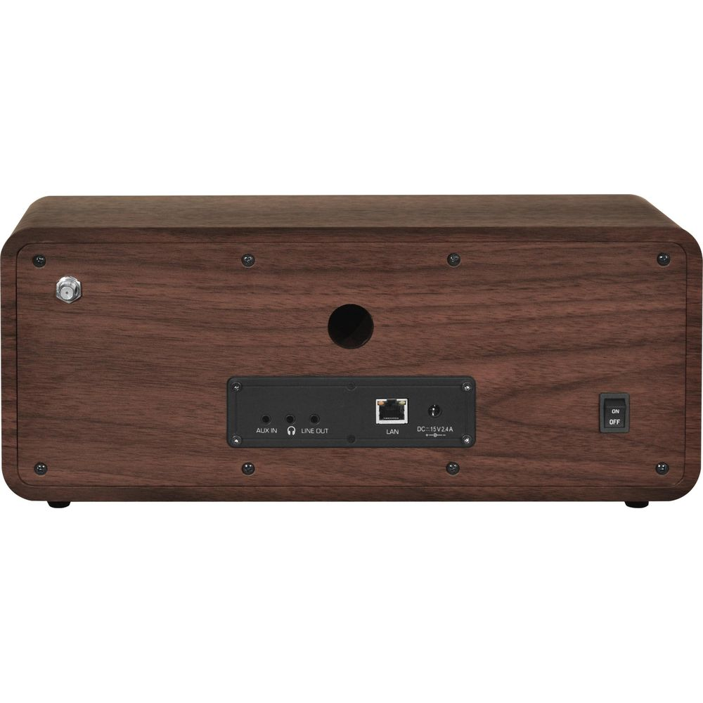 Tylny panel drewnianego głośnika z portami: AUX IN, LINE OUT, LAN, DC 15V 2,4A i włącznikiem ON/OFF.