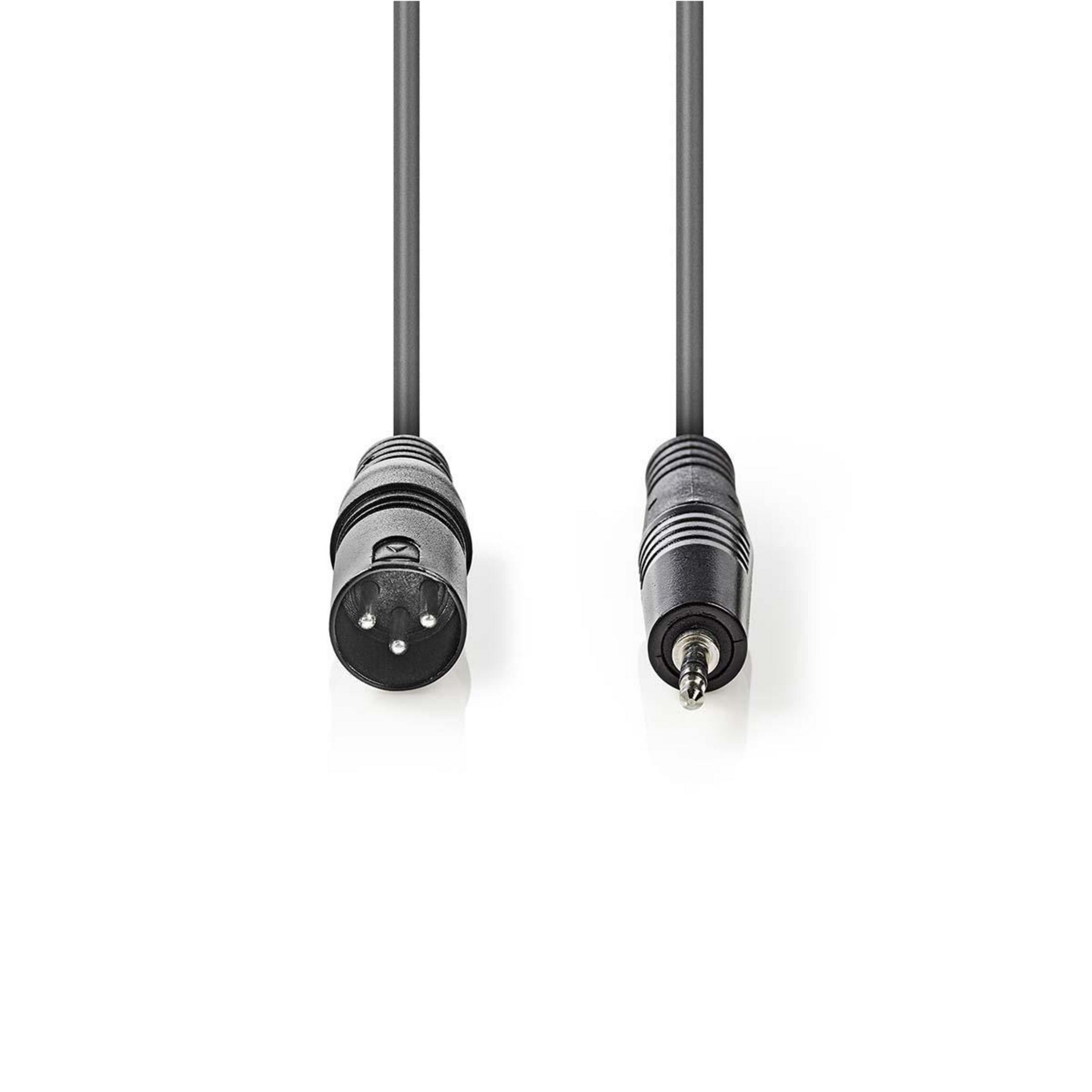 Een zwarte audiokabel met XLR-connector en 6,3 mm jackplug.