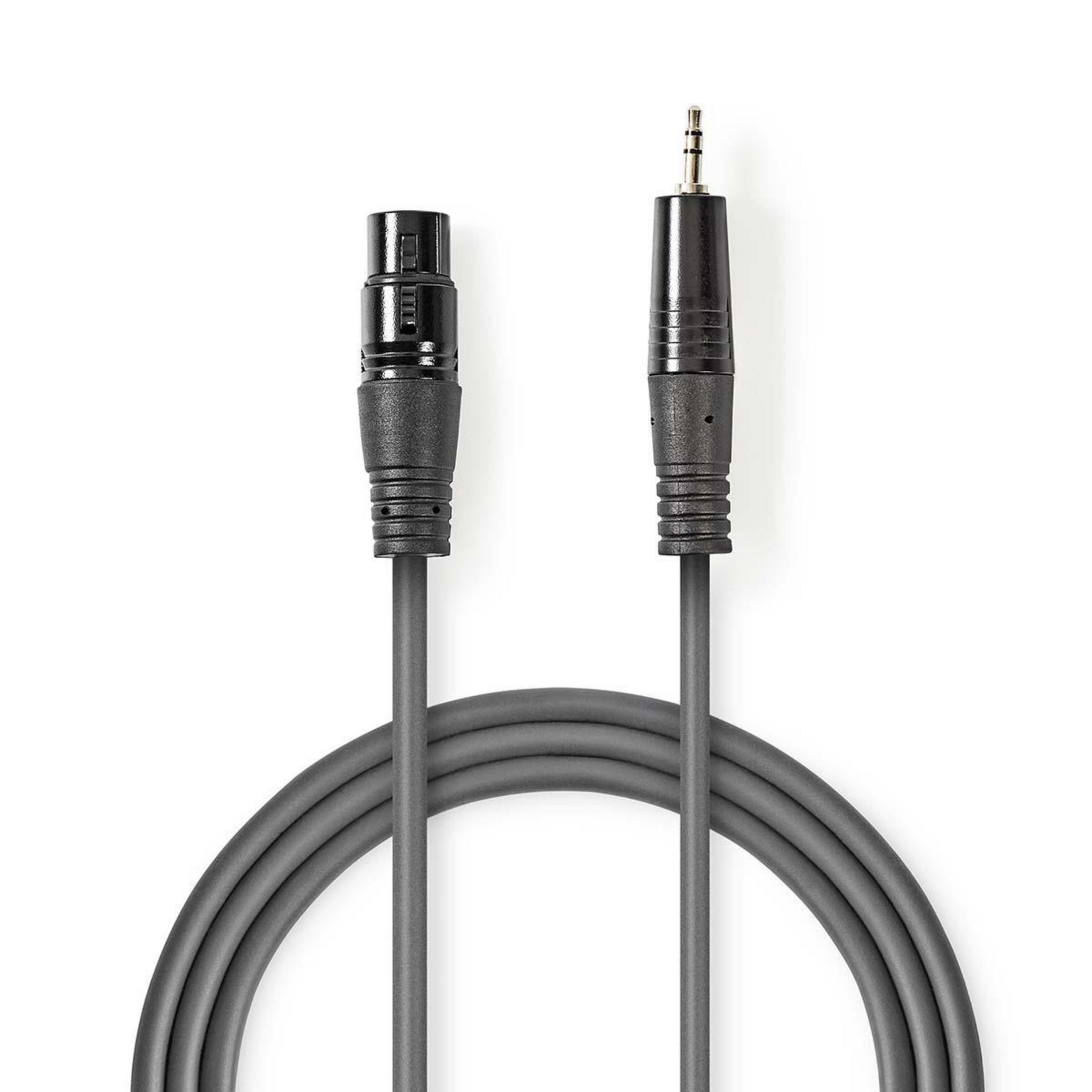 Grijze audiokabel met XLR- en jack-connectoren, opgerold.