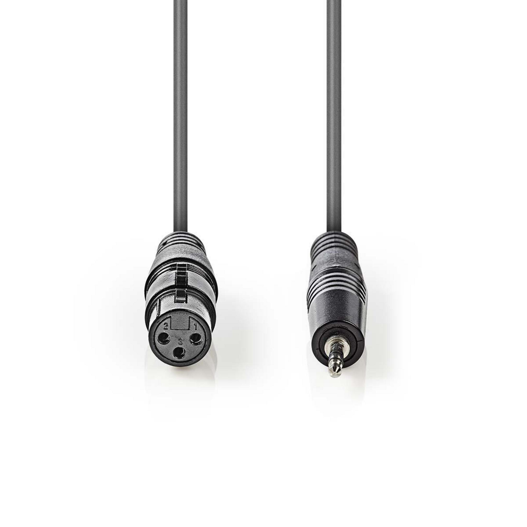 Zwarte XLR female connector en jack plug aan een kabel op witte achtergrond.