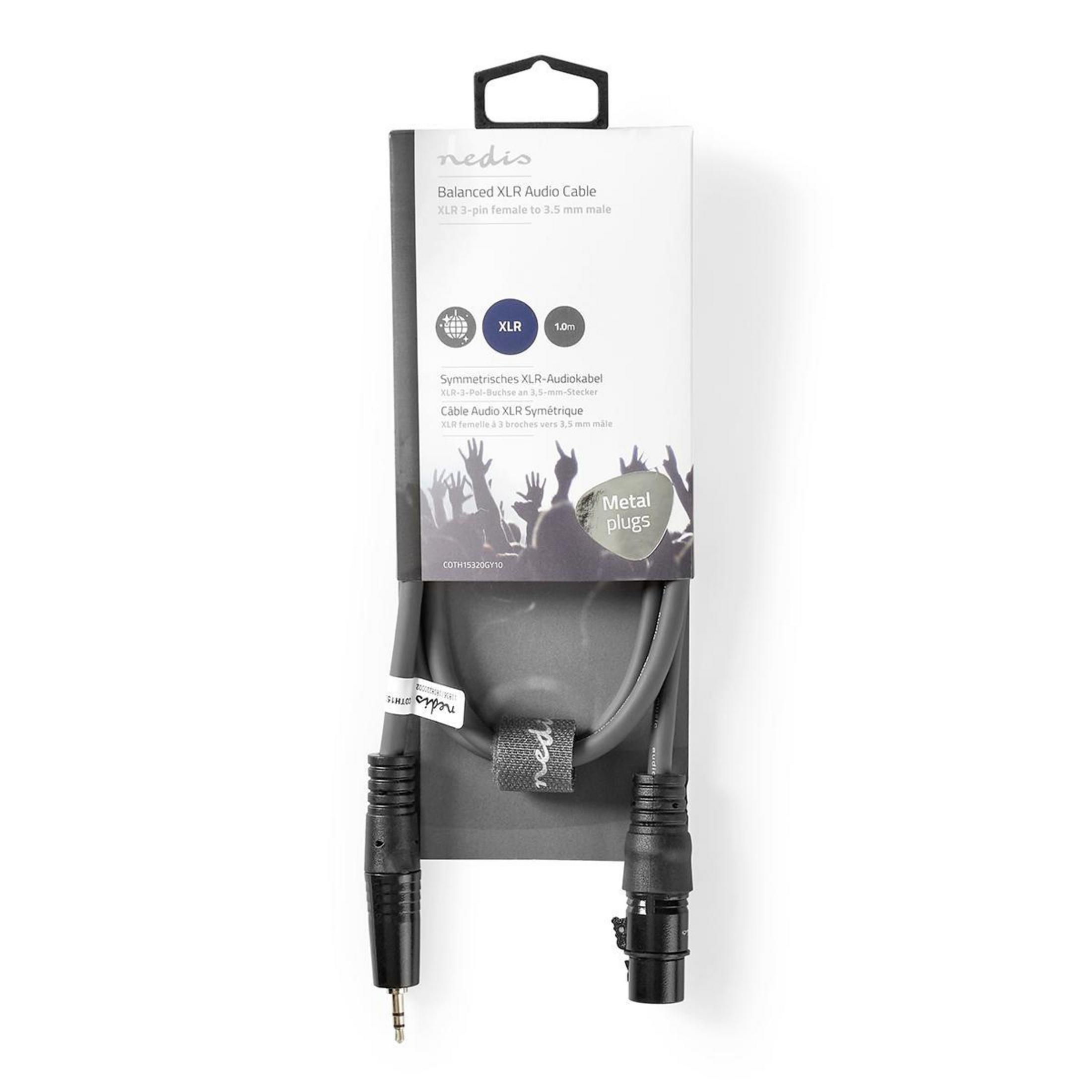 Verpakking van een Nedis XLR audiokabel met 3,5 mm plug en metalen connectoren.