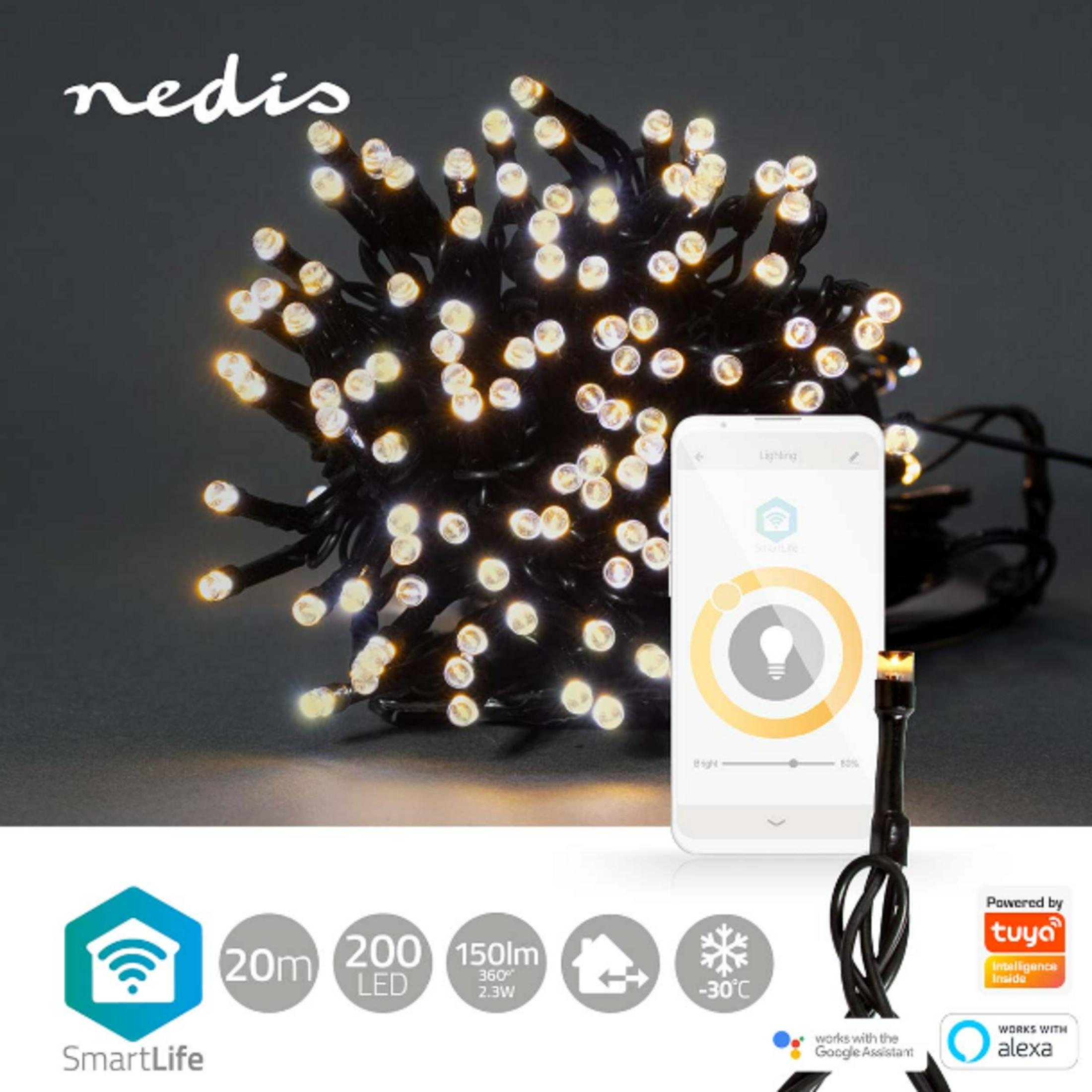 Nedis lichtsnoer met 200 LED's, 20m lang, warm wit, bedienbaar via app en stemassistenten.