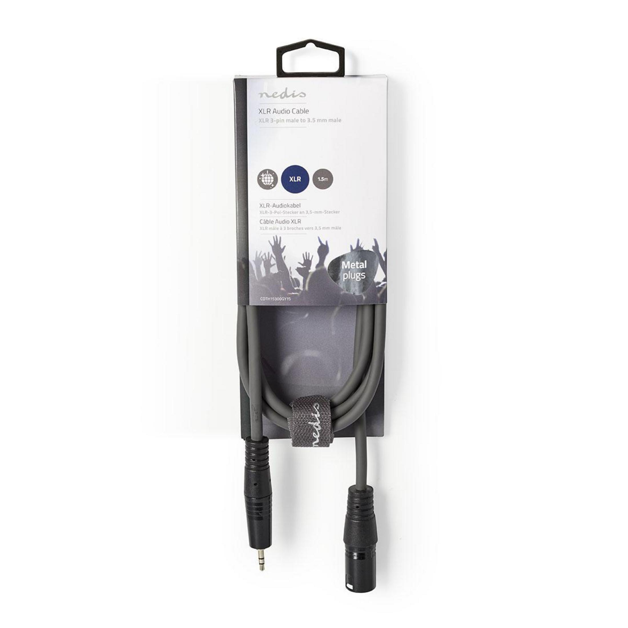 Grijze XLR audiokabel met 3,5 mm stekker, in verpakking.