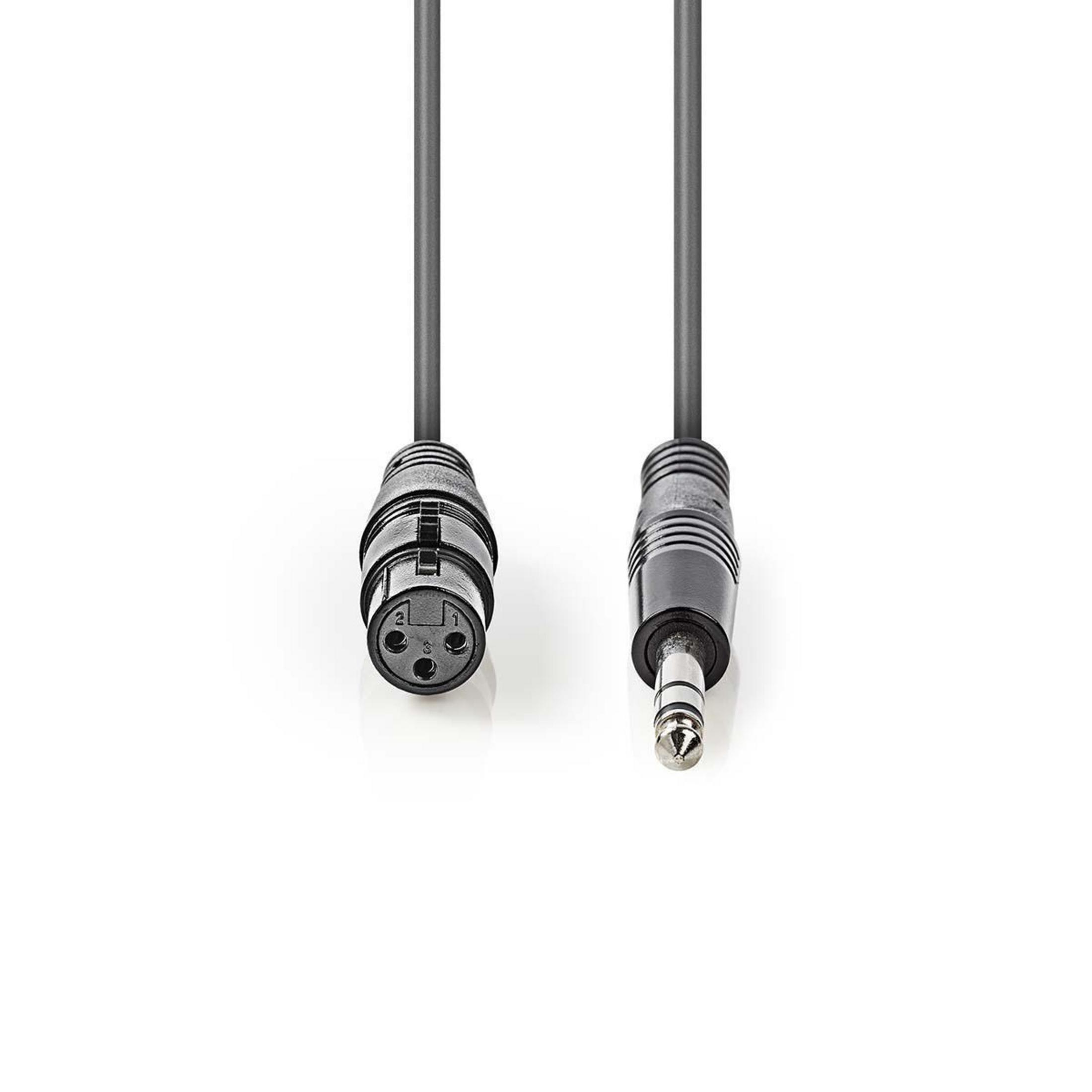 Een zwarte audiokabel met XLR- en 6,3 mm jack-connectoren op witte achtergrond.