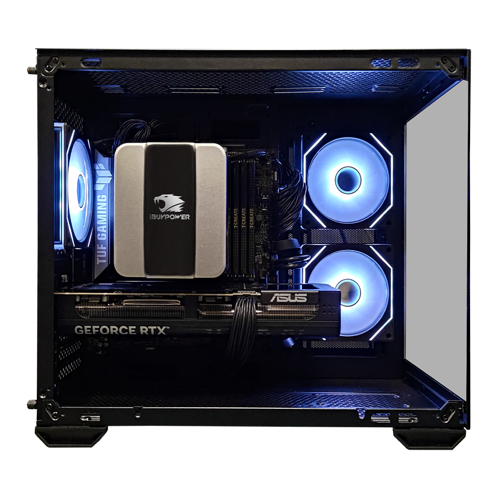 Una PC abierta con ventiladores azules, disipador de CPU y tarjeta gráfica.