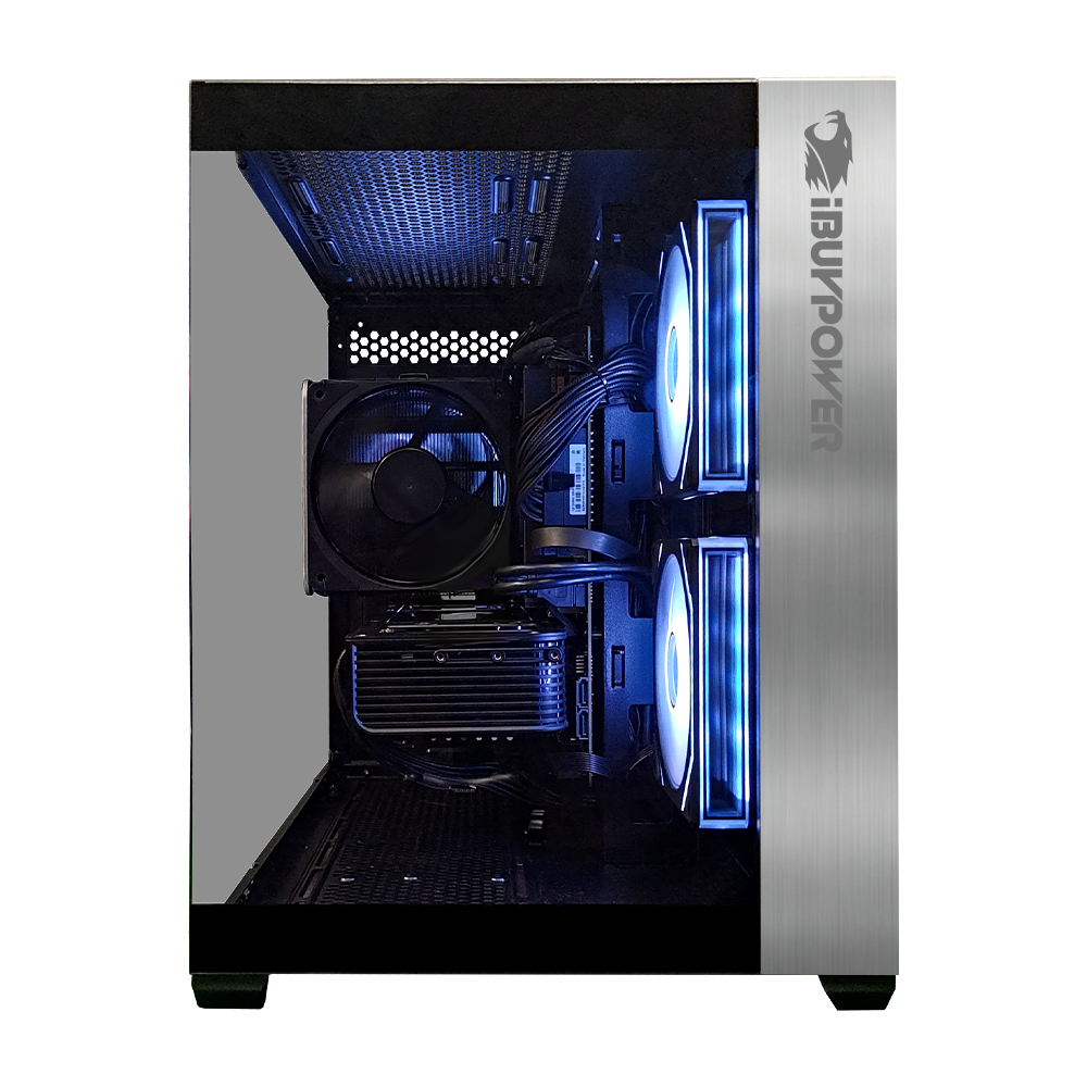 Una PC gamer con ventiladores LED azules y el logo de ibuypower al costado.
