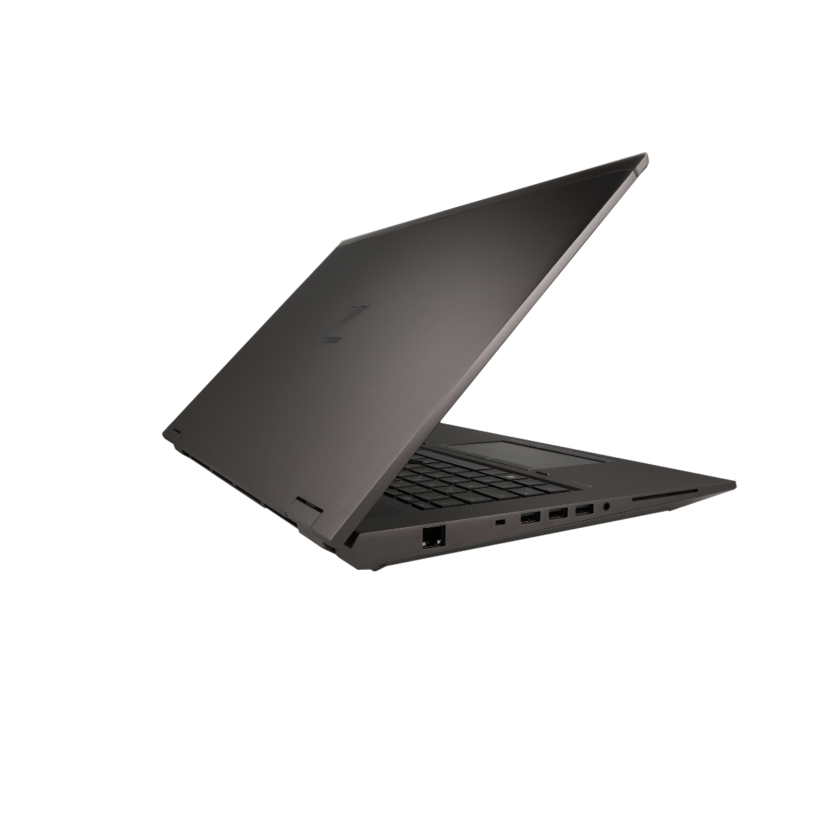 Ein dunkler Laptop mit geöffnetem Bildschirm und Tastatur auf weißem Hintergrund.