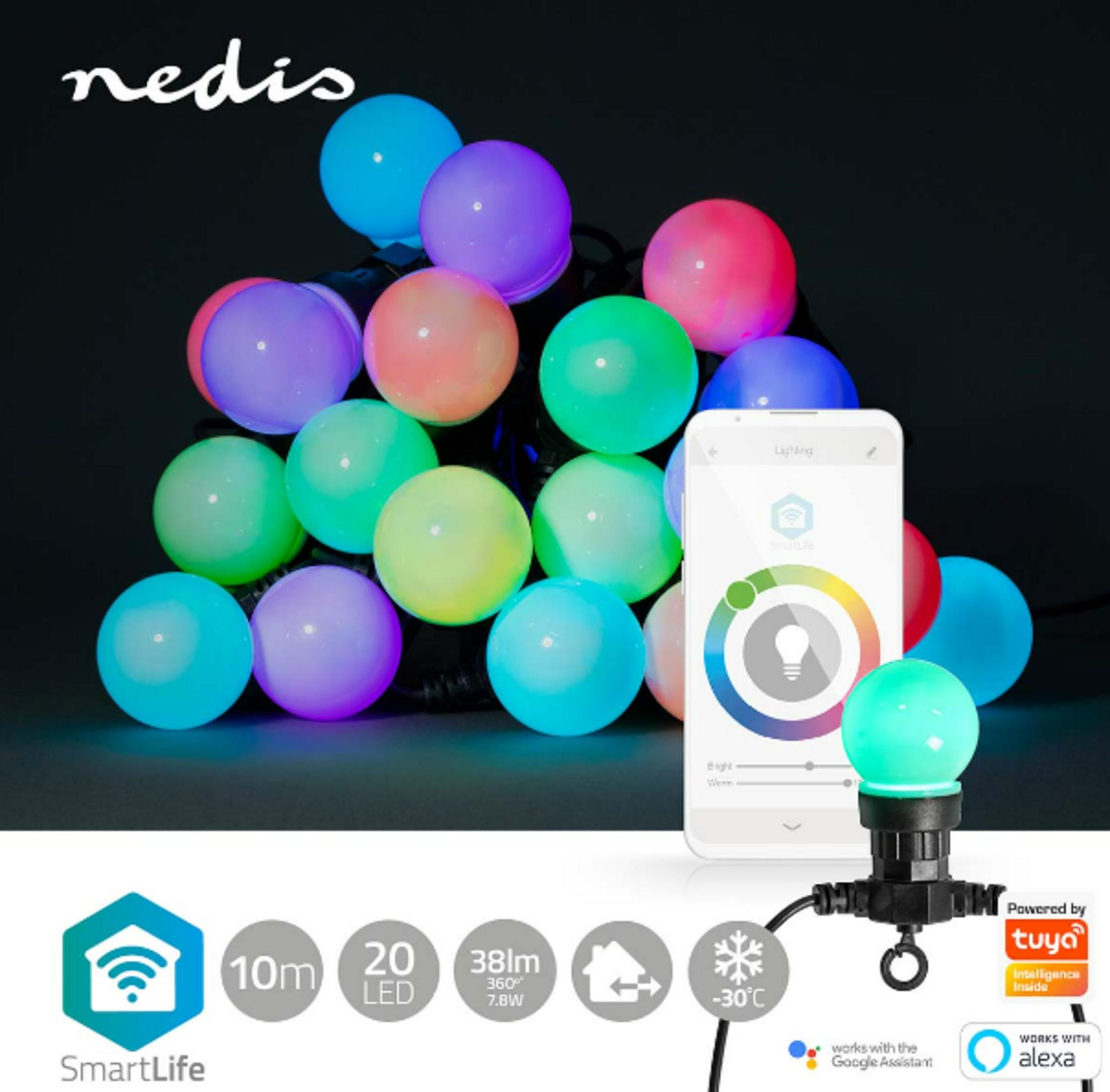 Kolorowy inteligentny łańcuch świetlny z kontrolą aplikacji, 10m, 20 LED.
