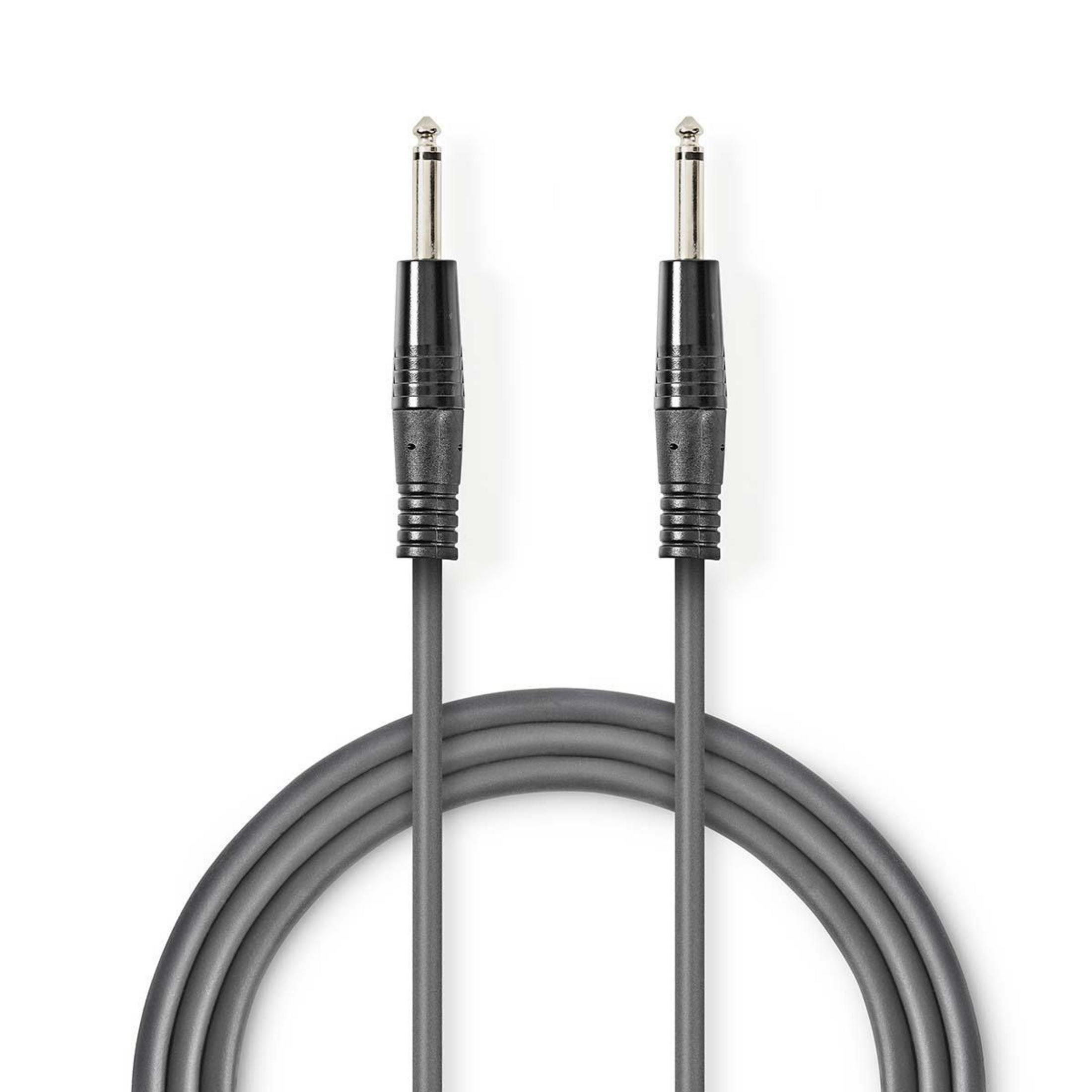 Een grijze audiokabel met twee zwarte connectoren en zilveren tips.