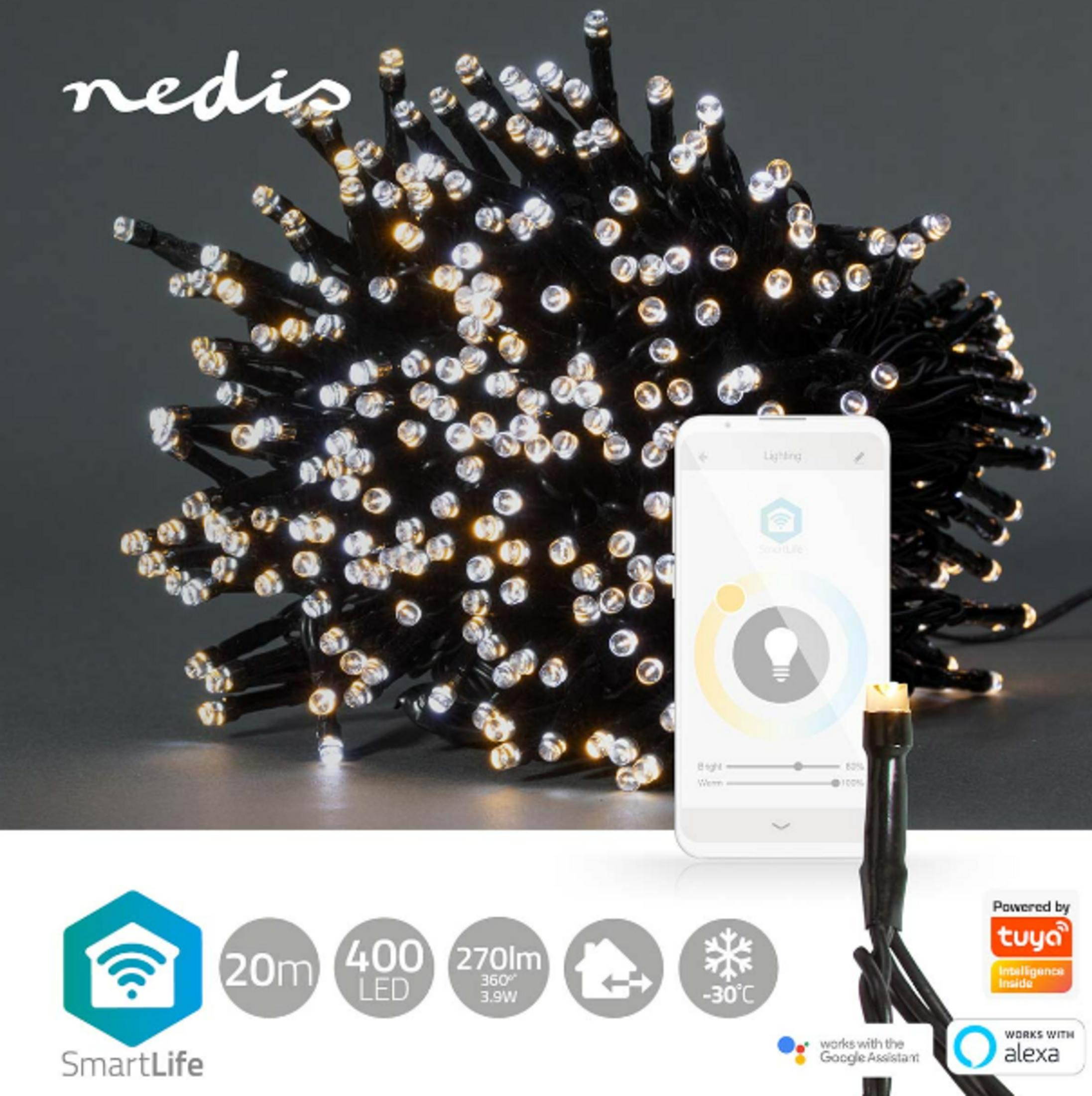 Nedis LED-kerstverlichting met smartphonebediening, 20m, 400 LED's, 270lm, -30°C.