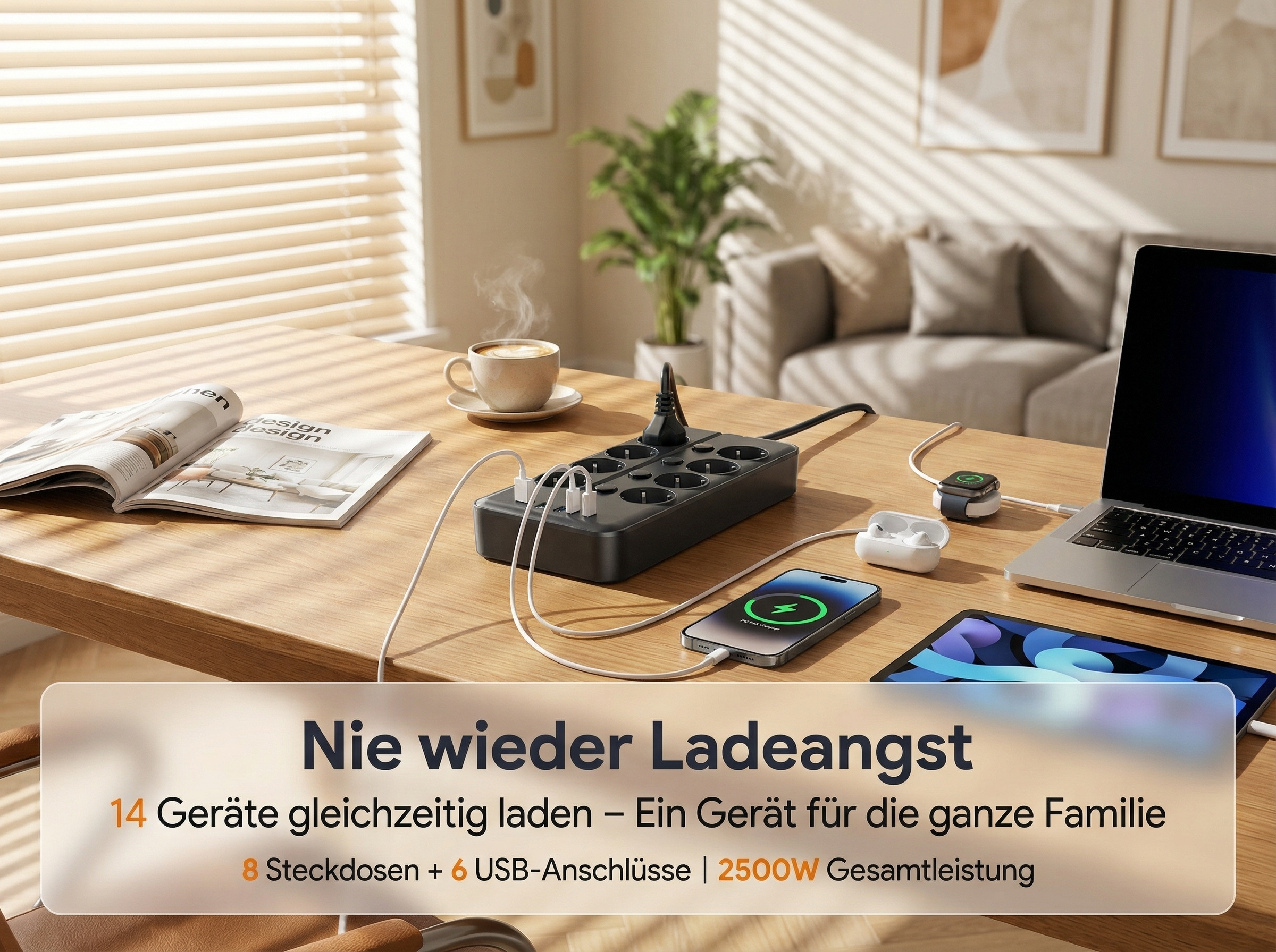 Ladestation mit Geräten auf einem Holztisch, Texte im Vordergrund.