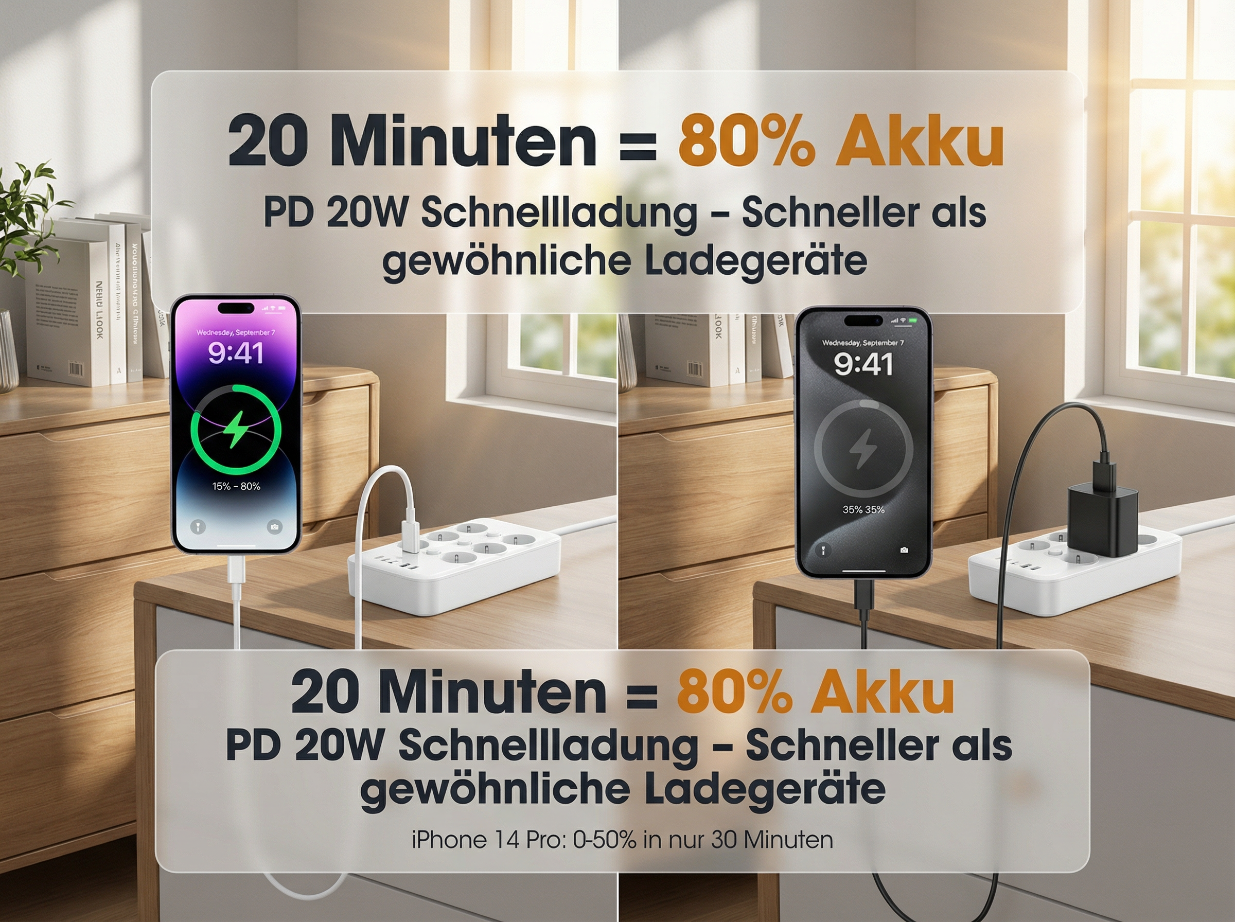 Zwei iPhones laden, eines mit 15-80%, das andere mit 35%.