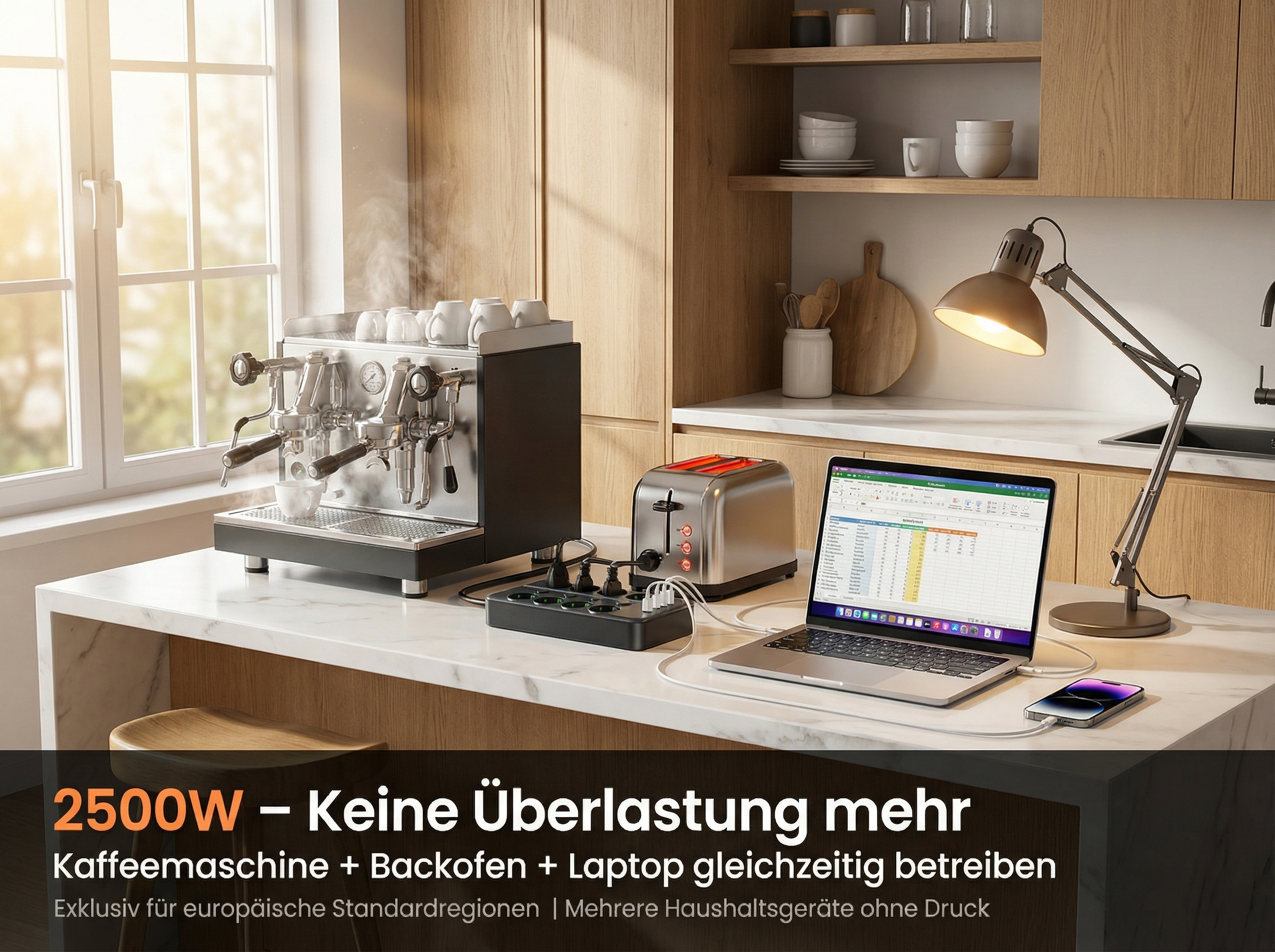 Kaffeemaschine, Toaster, Laptop und Handy auf einer Marmorarbeitsplatte.