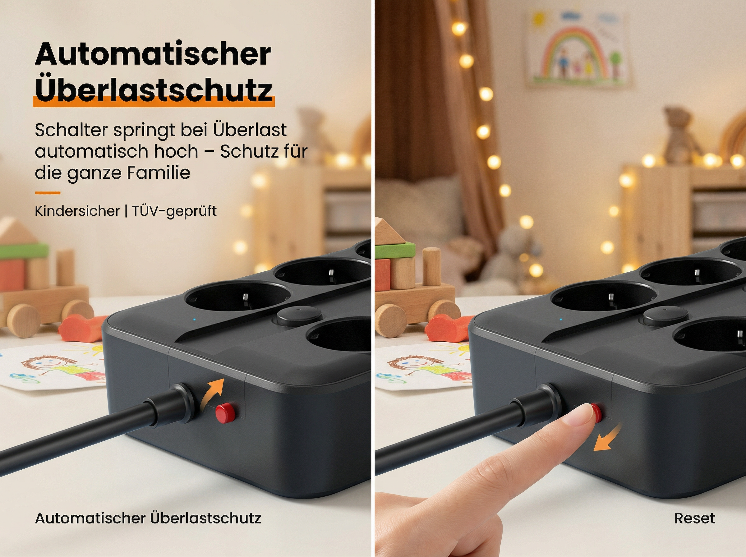 Ein schwarzes Verlängerungskabel mit Kindersicherung und Reset-Knopf.