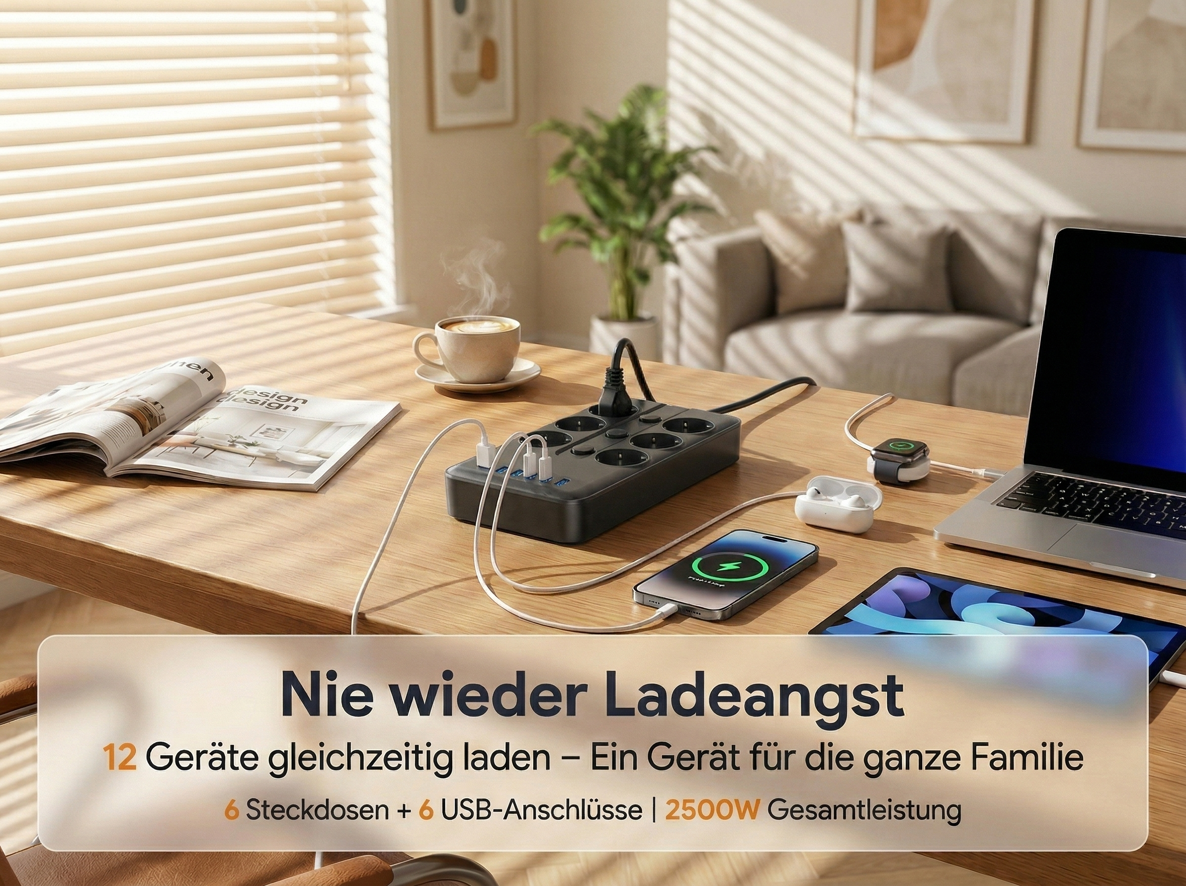 Ein Schreibtisch mit Ladestation, Kaffee, Zeitschrift und Geräten.