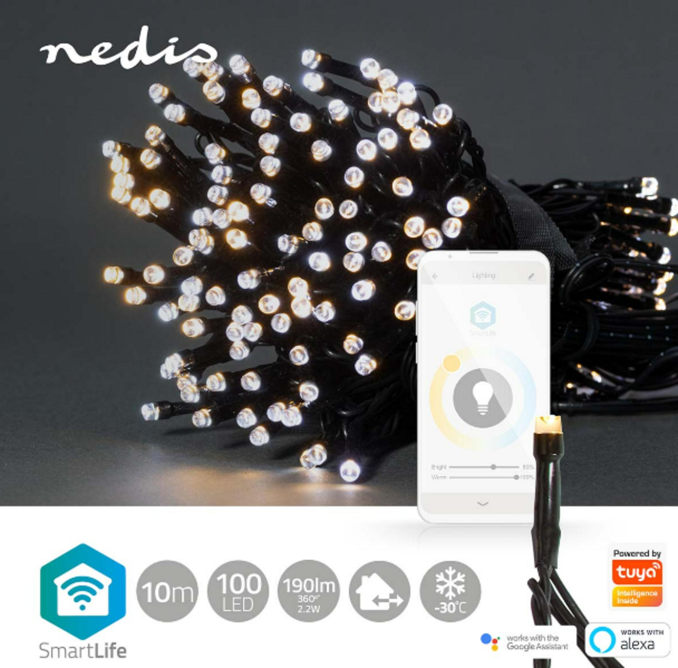 Nedis lichtsnoer met 100 LED's, 10m lang, app-gestuurd.