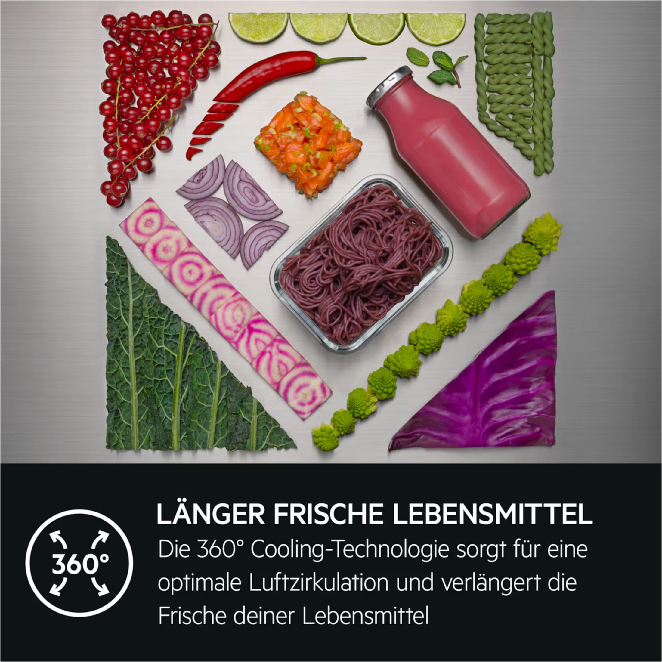 Bunte Lebensmittel auf glänzendem Hintergrund angeordnet: Beeren, Chilis, Salat, Nudeln, Gemüse.