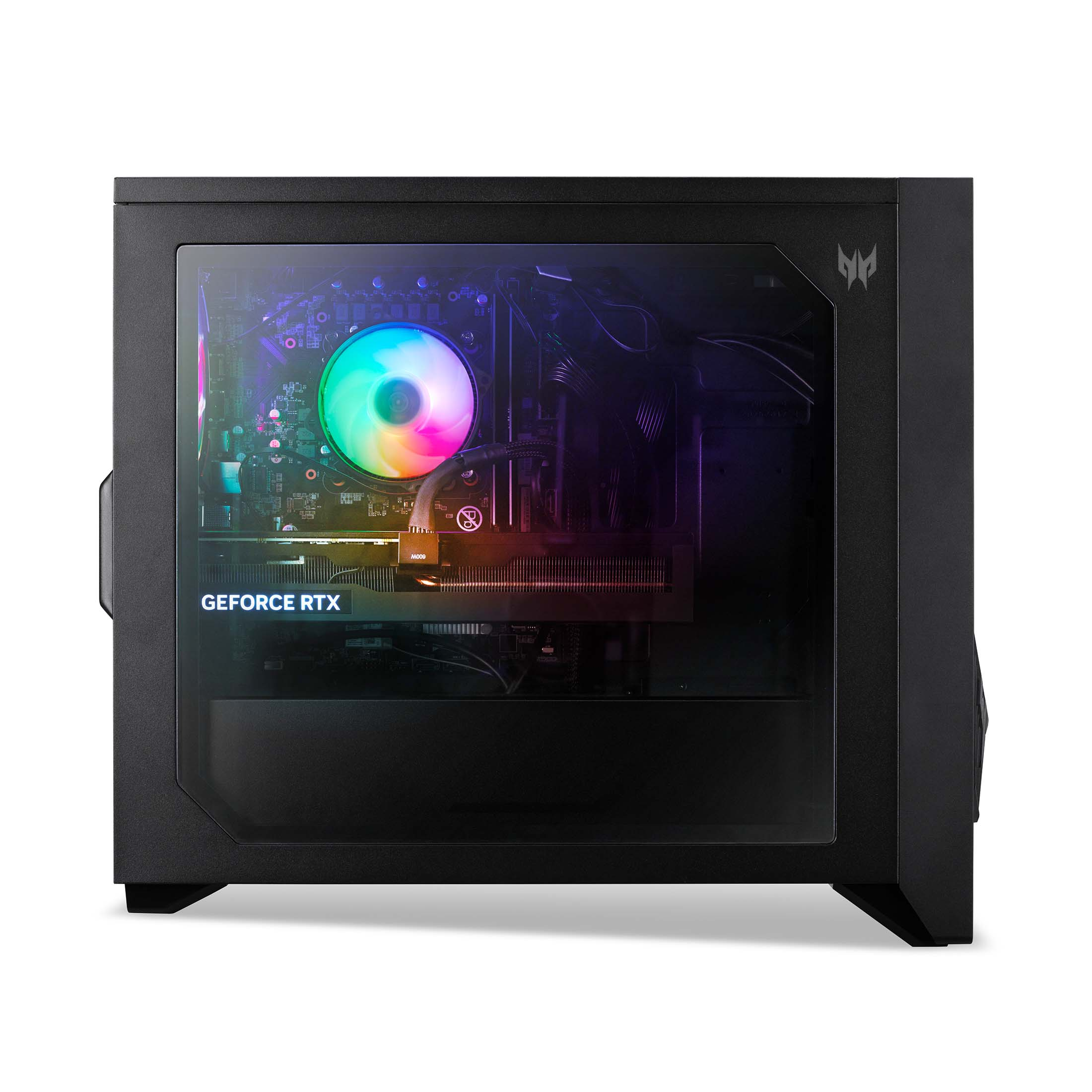 Schwarzer PC-Tower mit Glasseitenteil, RGB-Lüfter und Grafikkarte.