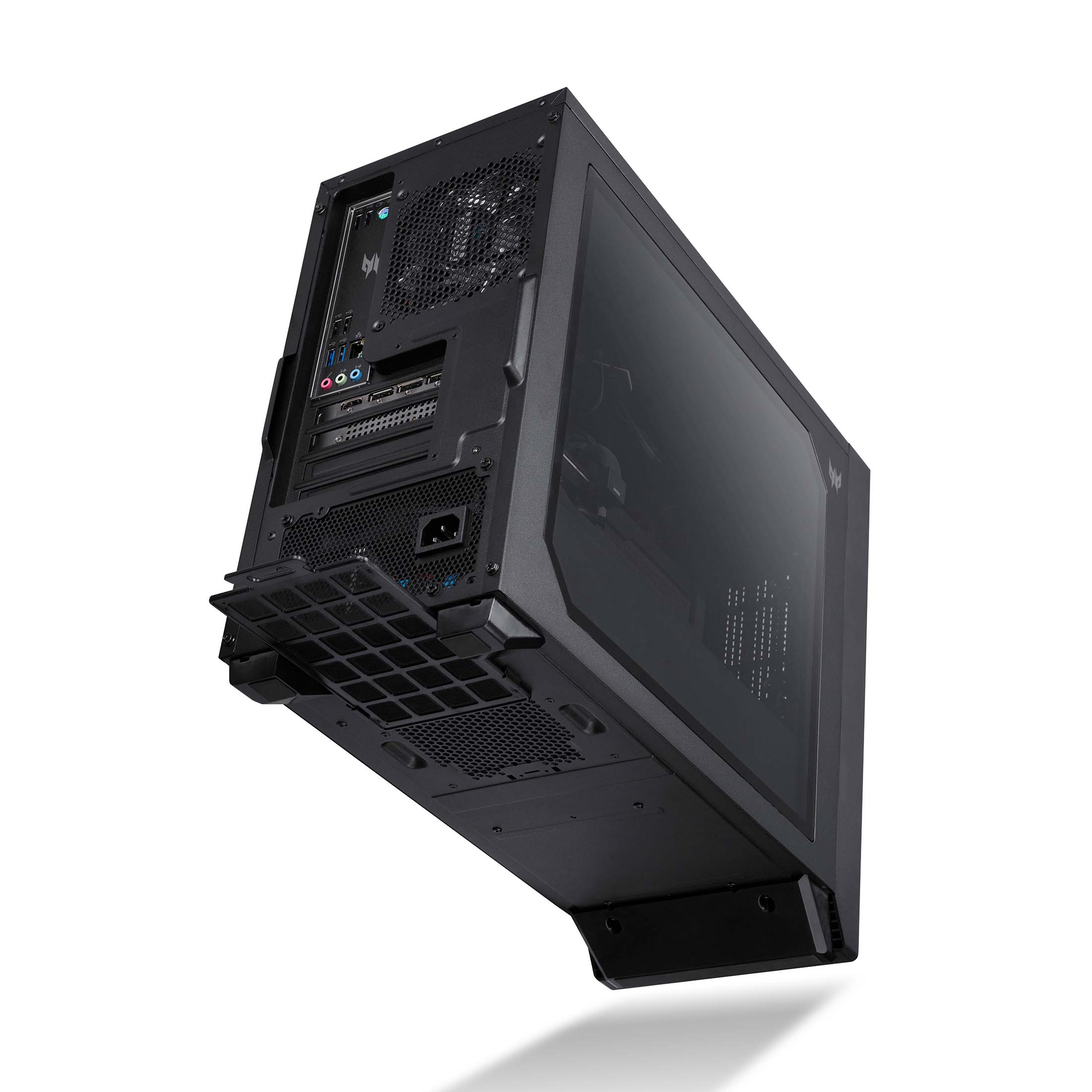 Schwarzes PC-Gehäuse mit Glasfenster, Anschlüsse und Lüftergitter sichtbar.