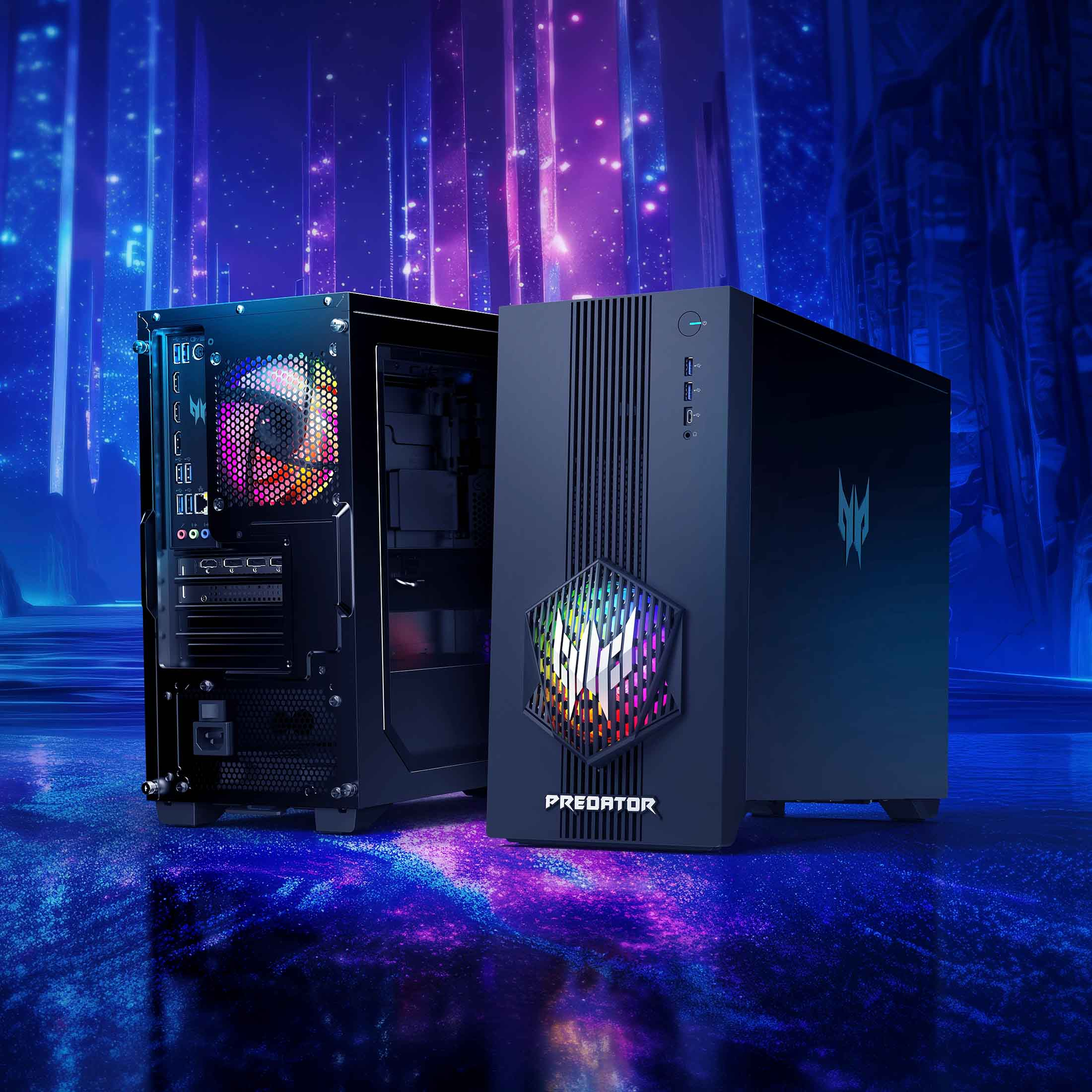 Zwei Predator Gaming-PCs stehen nebeneinander vor einem blau-violetten, futuristischen Hintergrund.