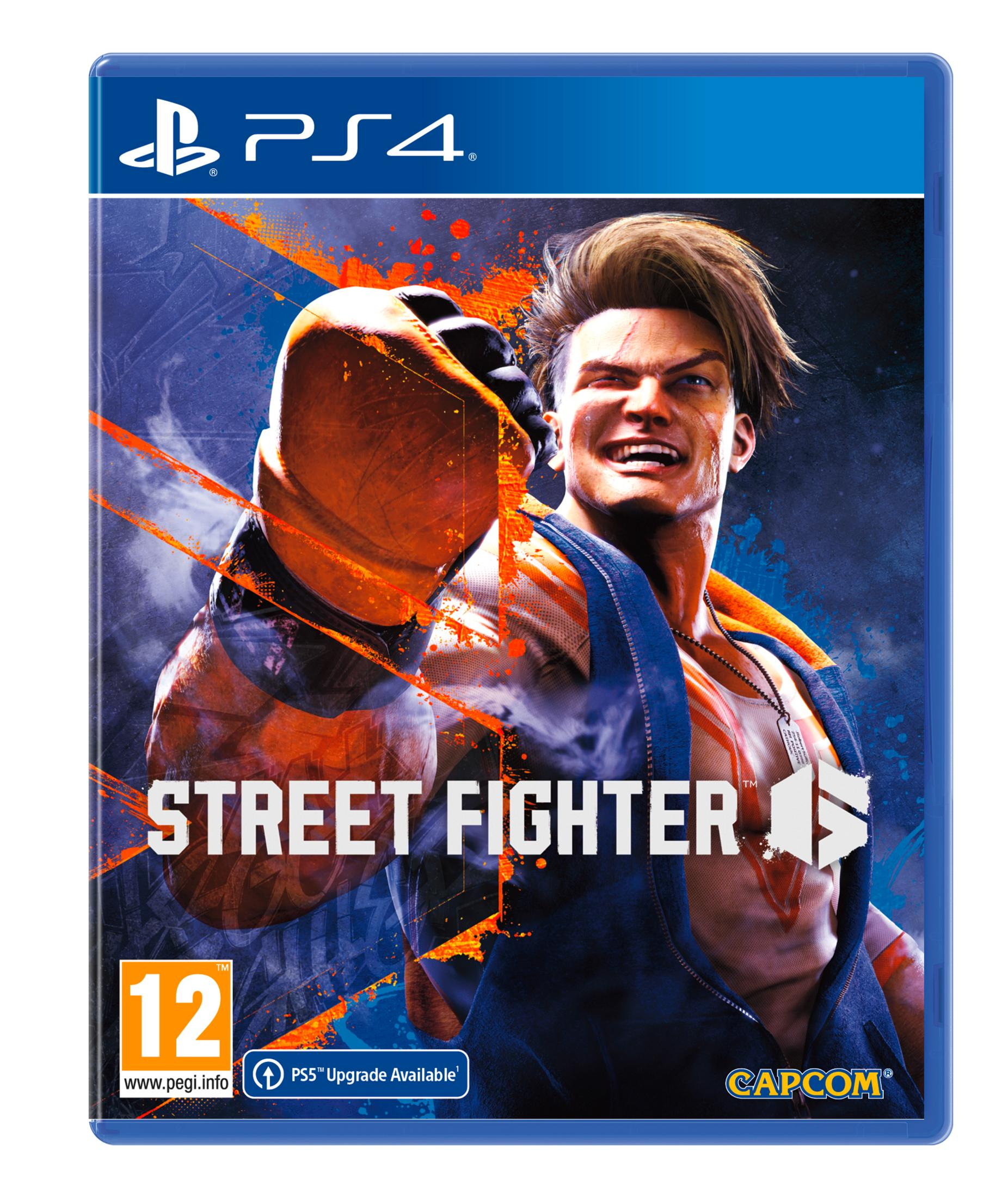 Copertina gioco Street Fighter PS4 con uomo, pugno e rating '12'.