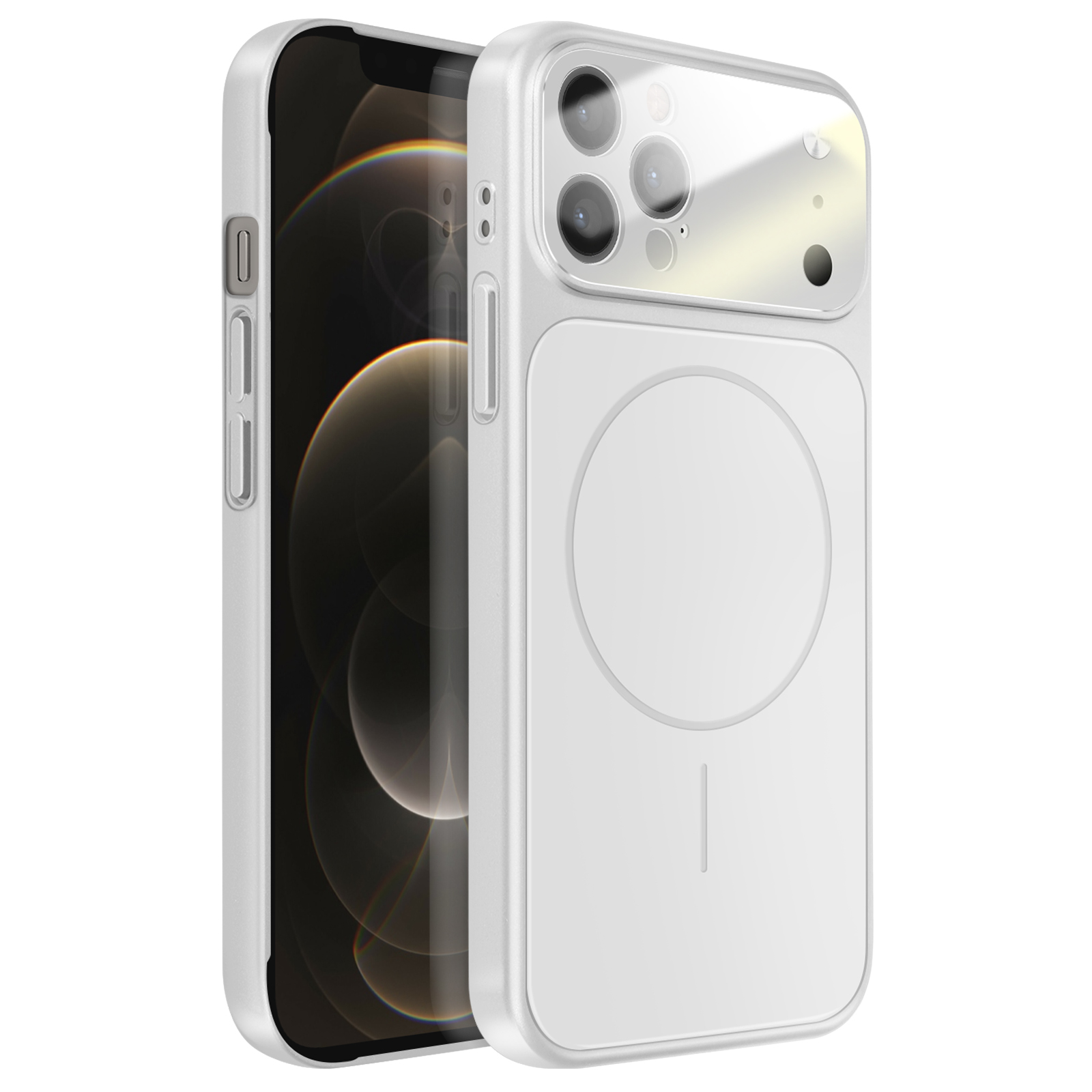 Een witte iPhone met een doorzichtige hoes die de cameralens en een cirkelvormig ontwerp toont.