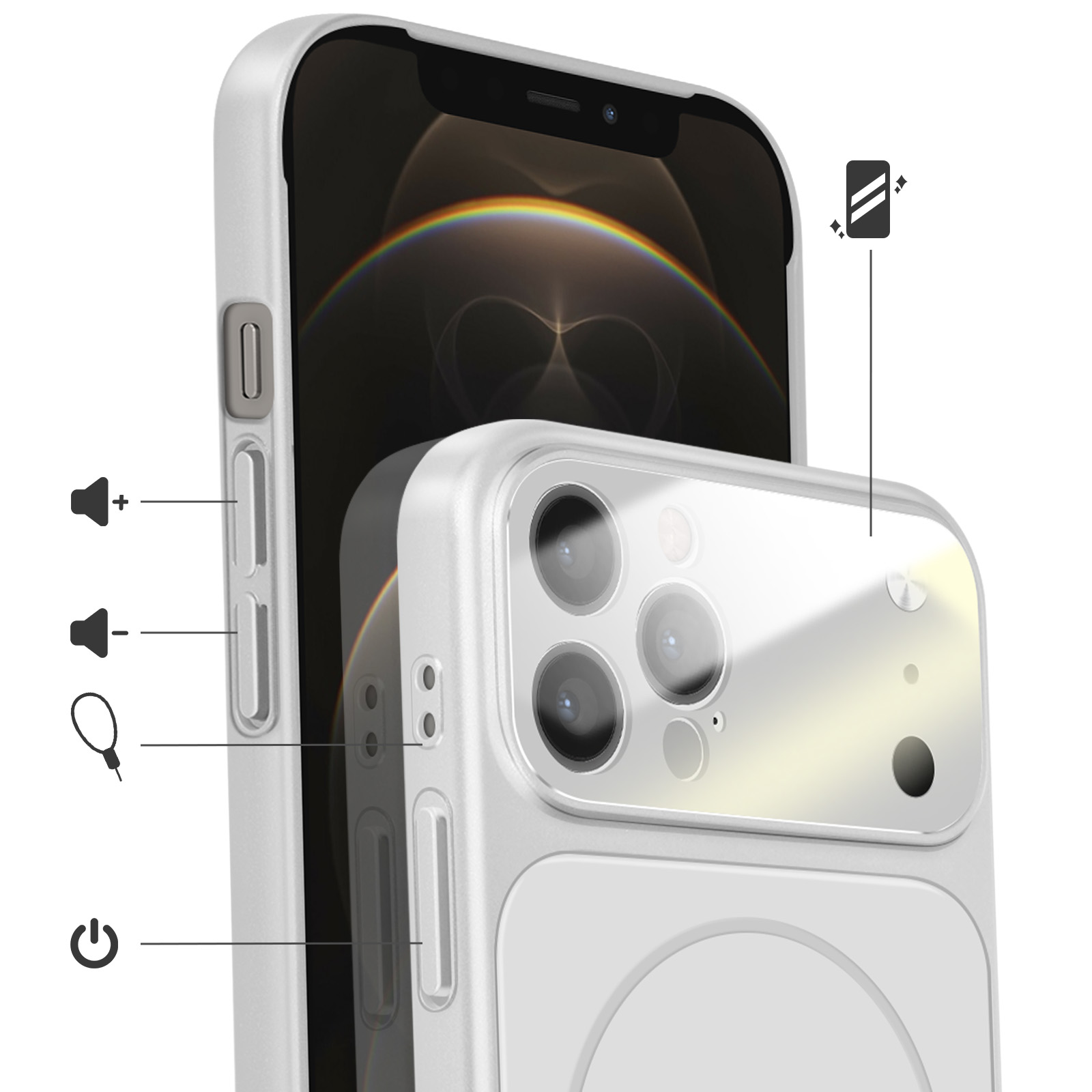 Een zilveren smartphone met drie camera's en iconen voor volume, stroom en een lus.