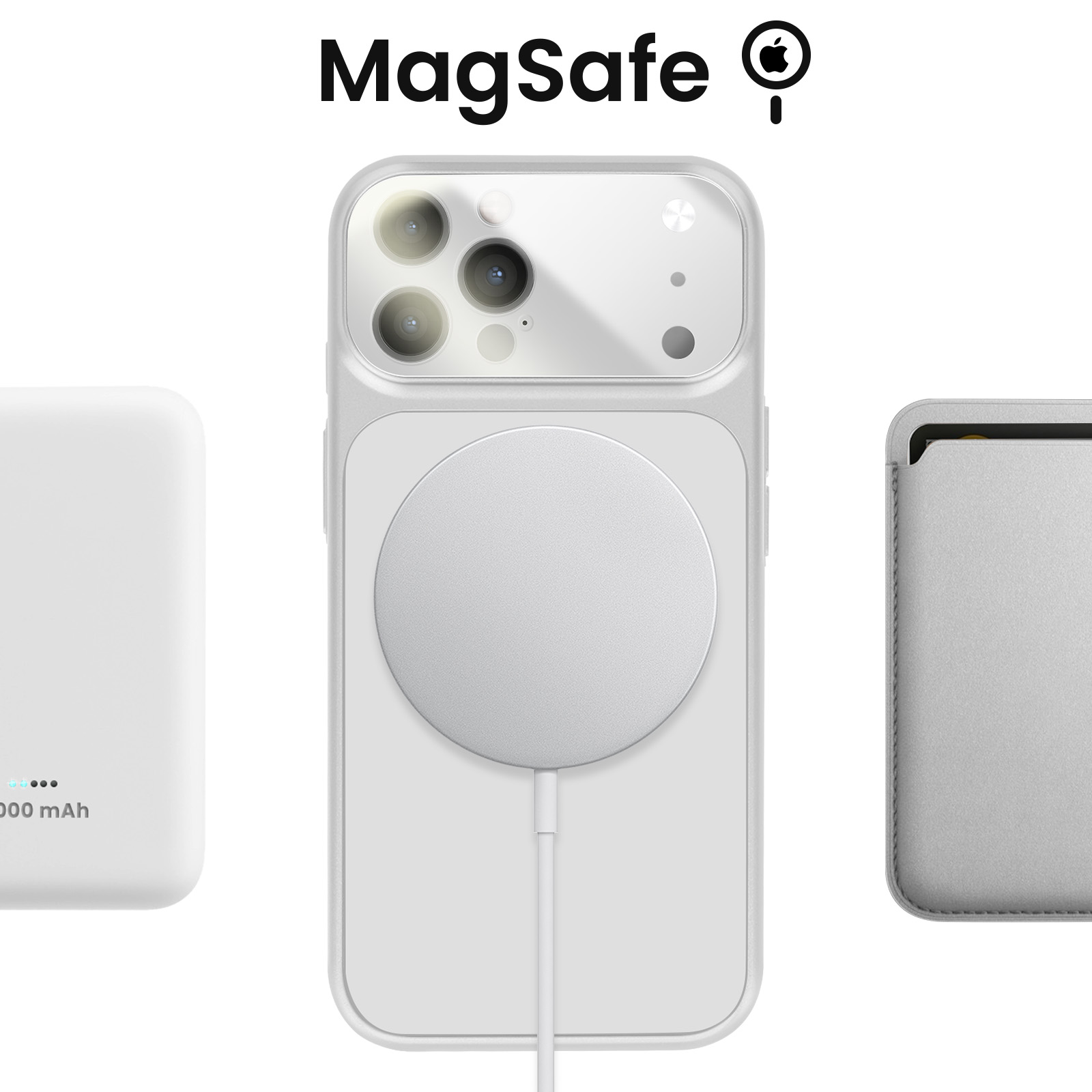 MagSafe accessoires: Powerbank, iPhone hoes met camera, MagSafe lader, kaarthouder.
