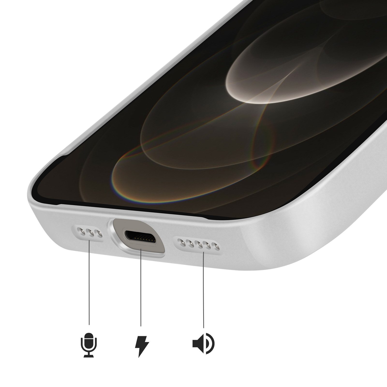 Close-up van de onderrand van een witte smartphone, met poorten en luidsprekerroosters.