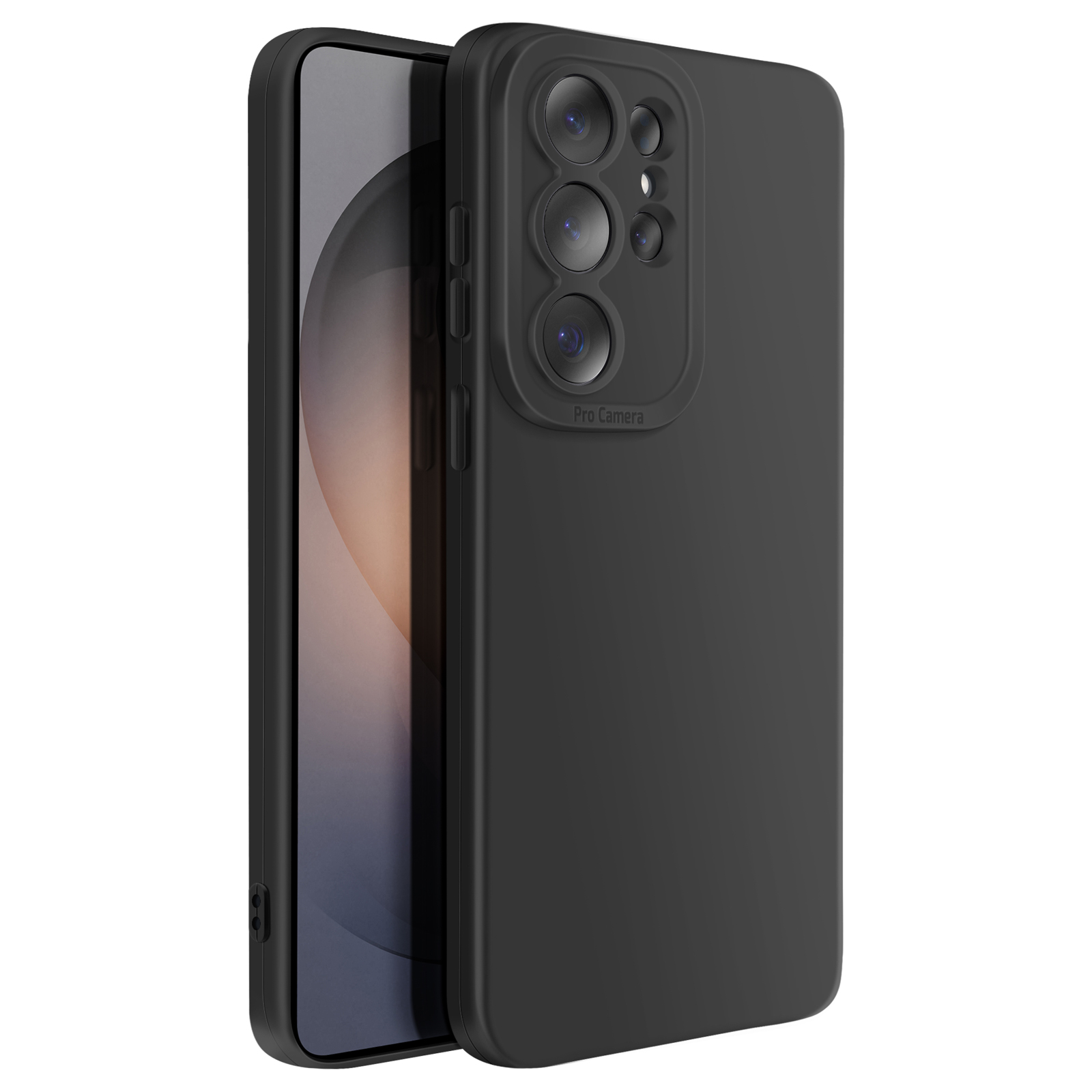 Zwarte telefoon met hoesje met pro camera met drie lenzen.