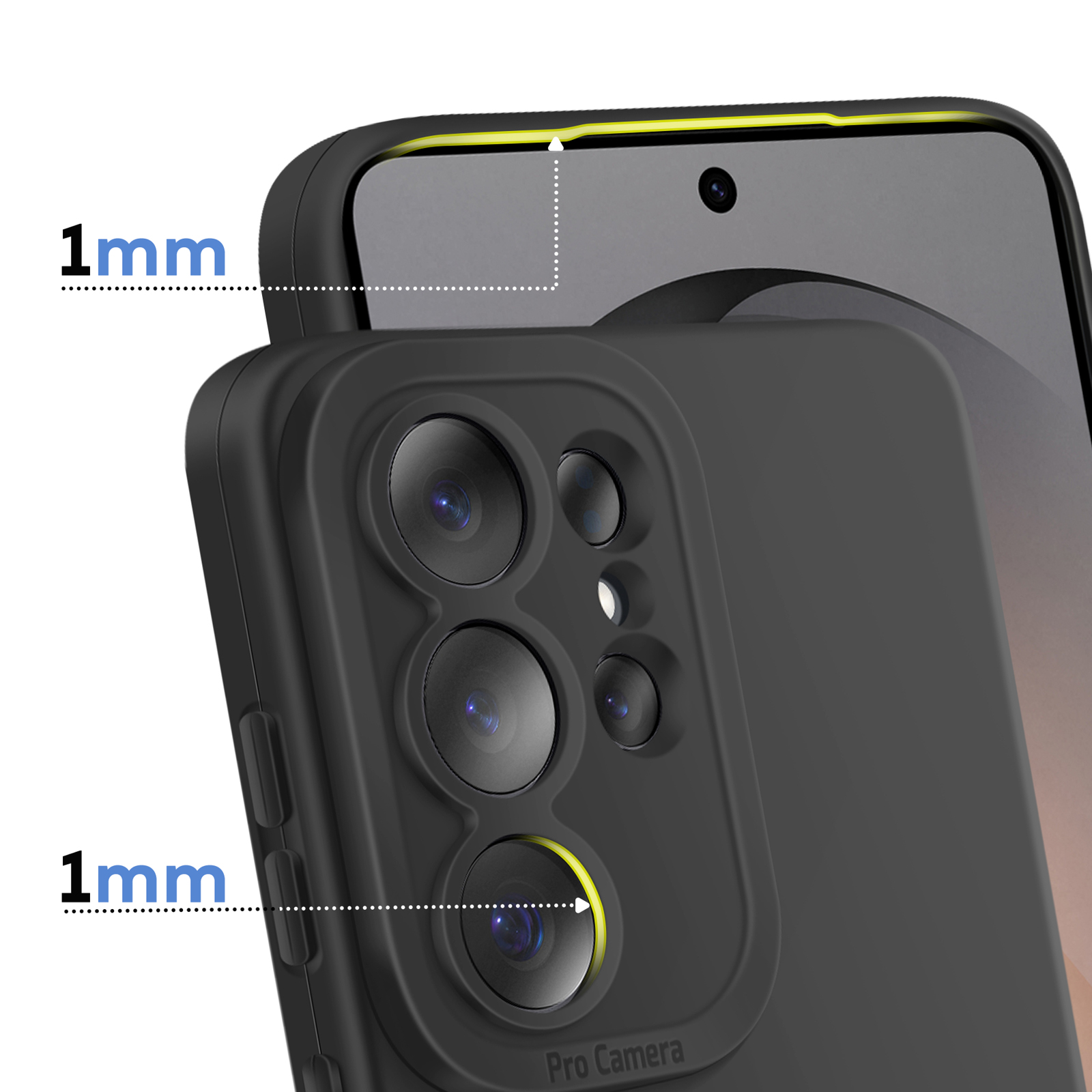 Zwarte telefoonhoes met 1 mm verhoogde rand en camera-uitsparing.