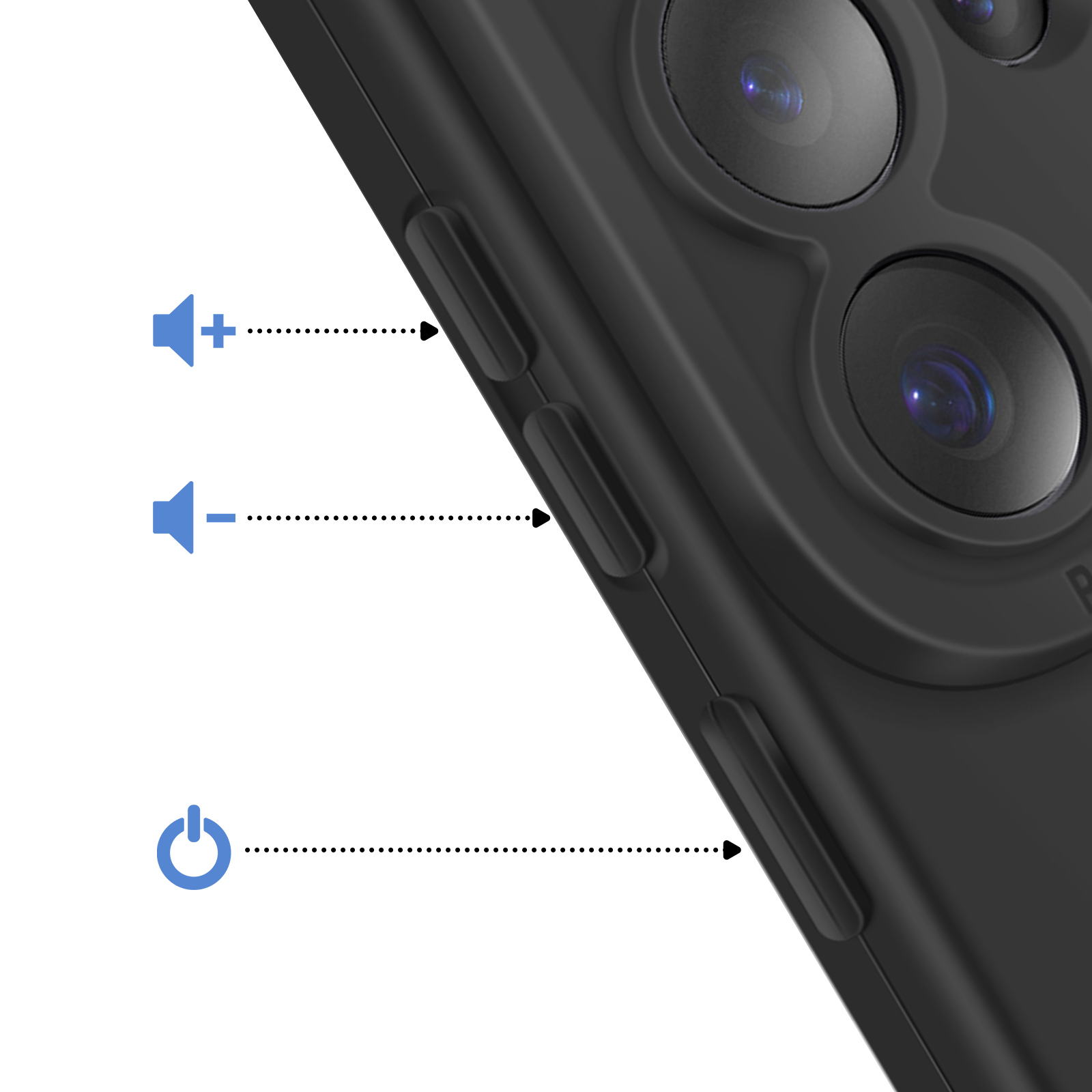 Zwarte telefoon met volume- en aan/uit-knoppen. Camera's zichtbaar.