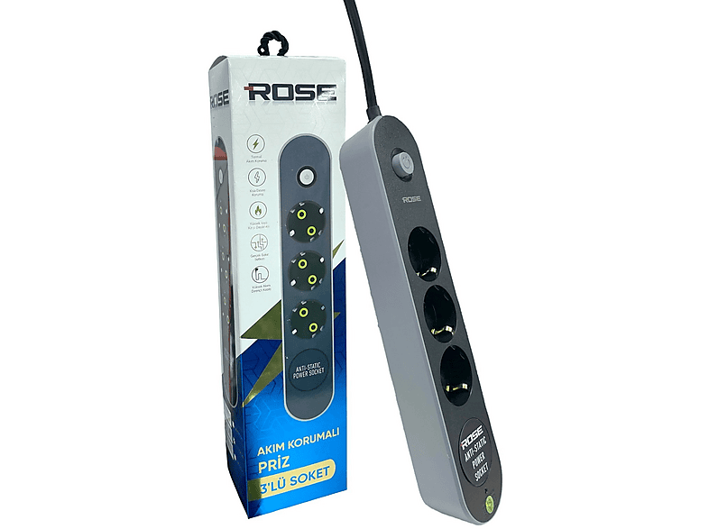 ROSE GR-300 3'lü 2 Metre Kablolu Akım Korumalı Grup Priz