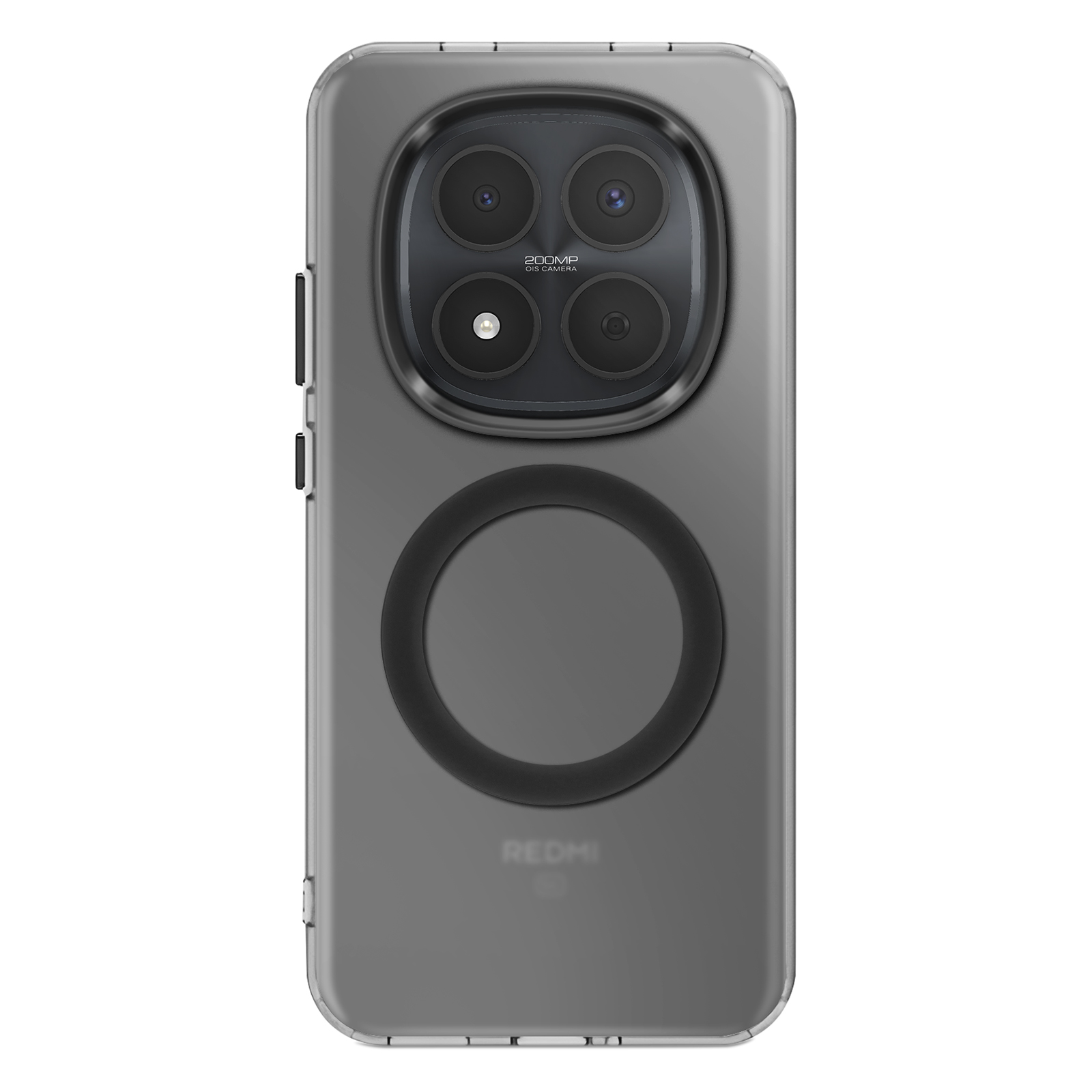 Achterkant van een transparante telefoon met vier camera's en een magnetische ring.