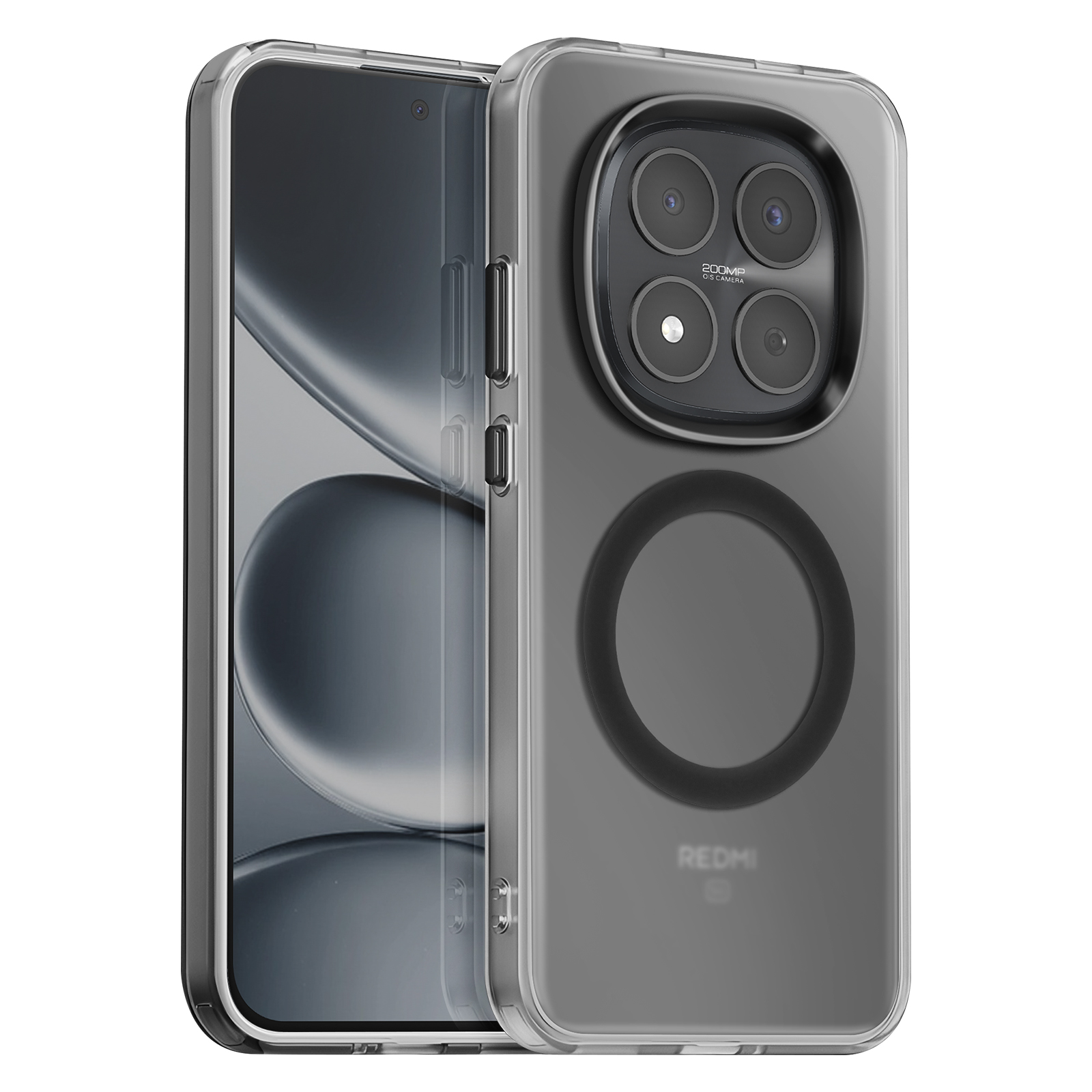 Een doorzichtige telefoonhoes met vier camera's en een ring aan de achterkant.