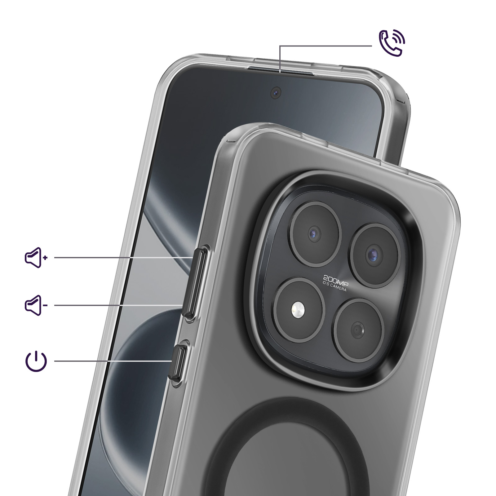 Een doorzichtige telefoonhoes met pictogrammen voor bellen, volume en aan/uit.