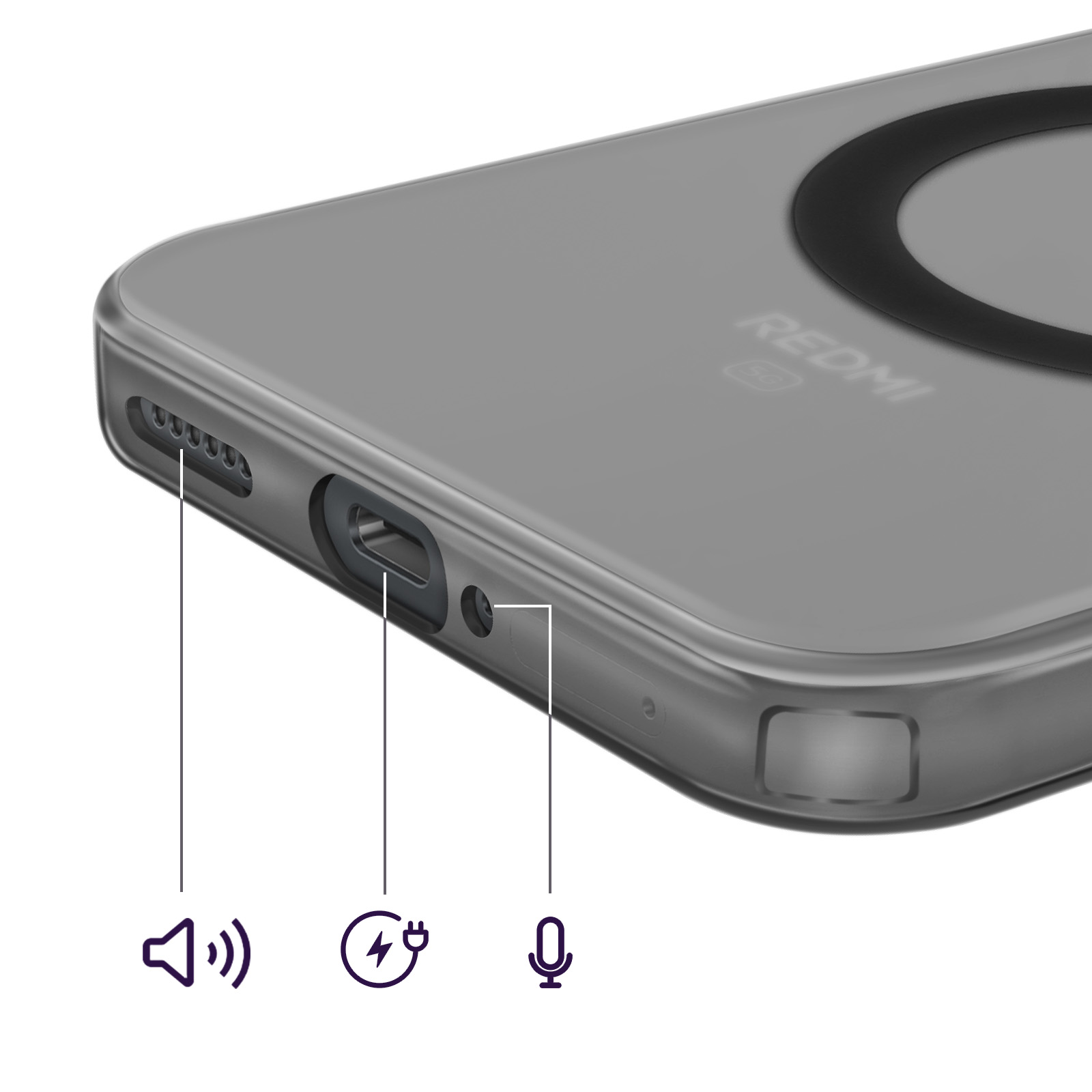 Grijze telefoonhoes met speaker-, laad- en microfoonaansluitingen.