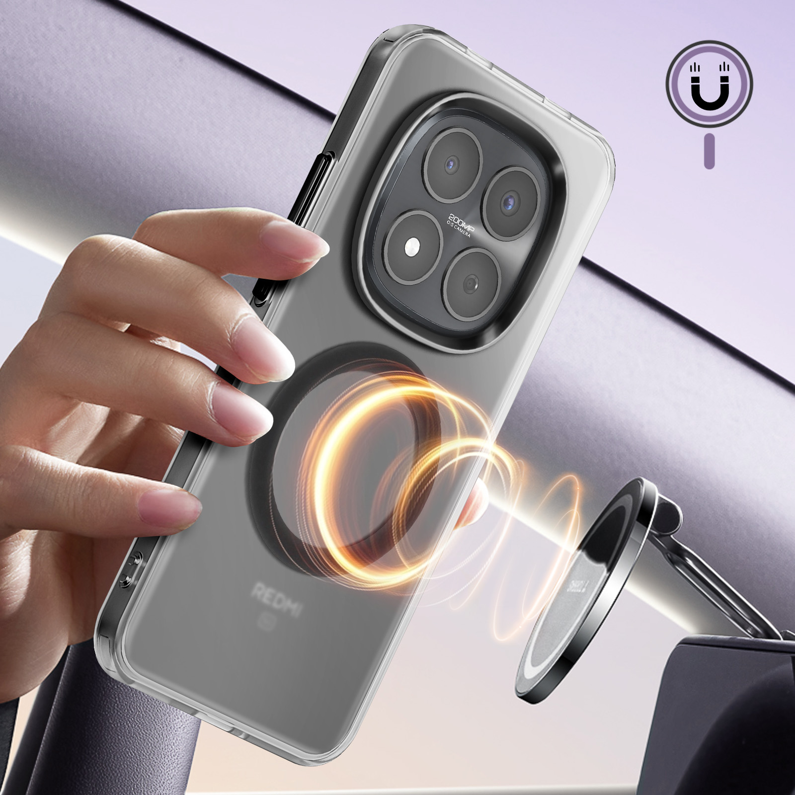Hand houdt smartphone met MagSafe-ring, magnetische autohouder op voorgrond.