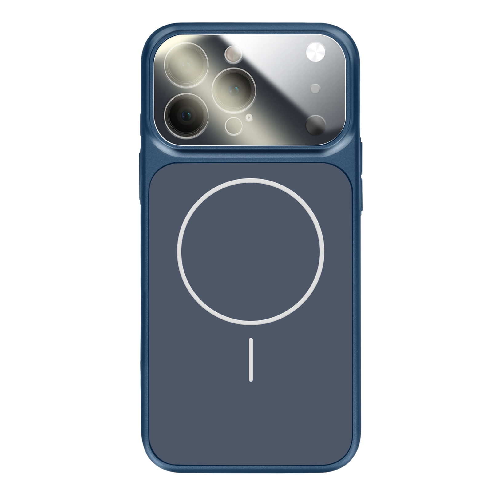 Donkerblauwe telefoonhoes met camramodule en wit cirkel/streep design.