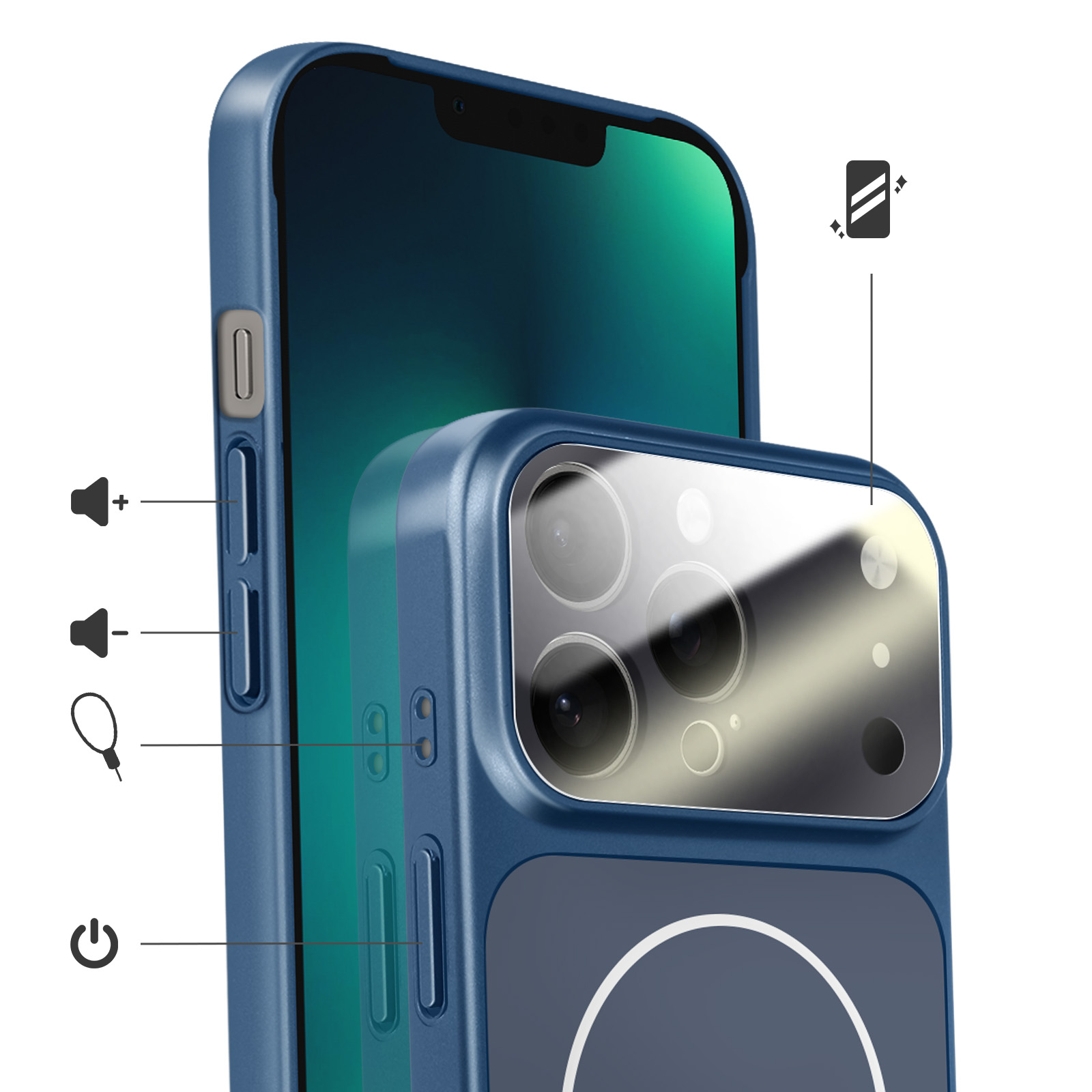 Donkerblauw toestel met vier camera's, volumeknoppen en aan/uitknop.