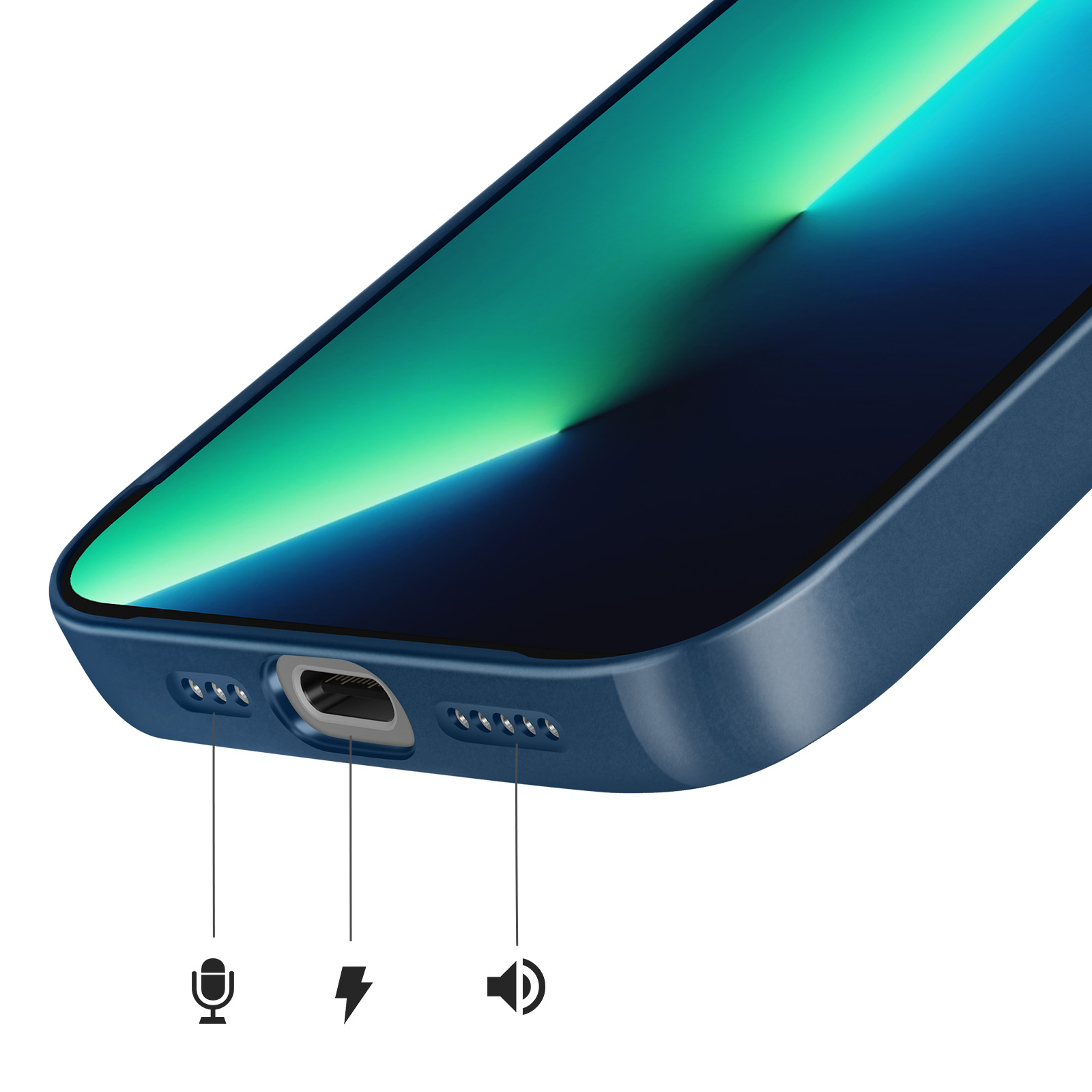 Blauwe telefoonrand met oplaadpoort, microfoon- en luidsprekerpictogrammen.