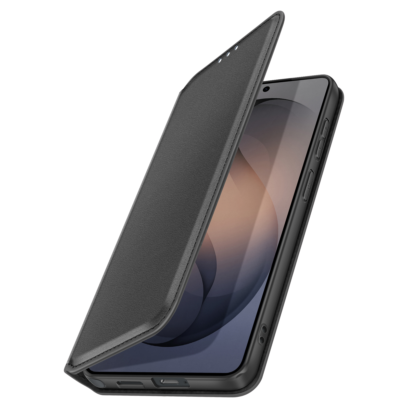 Uno smartphone nero con la cover aperta, che rivela lo schermo.