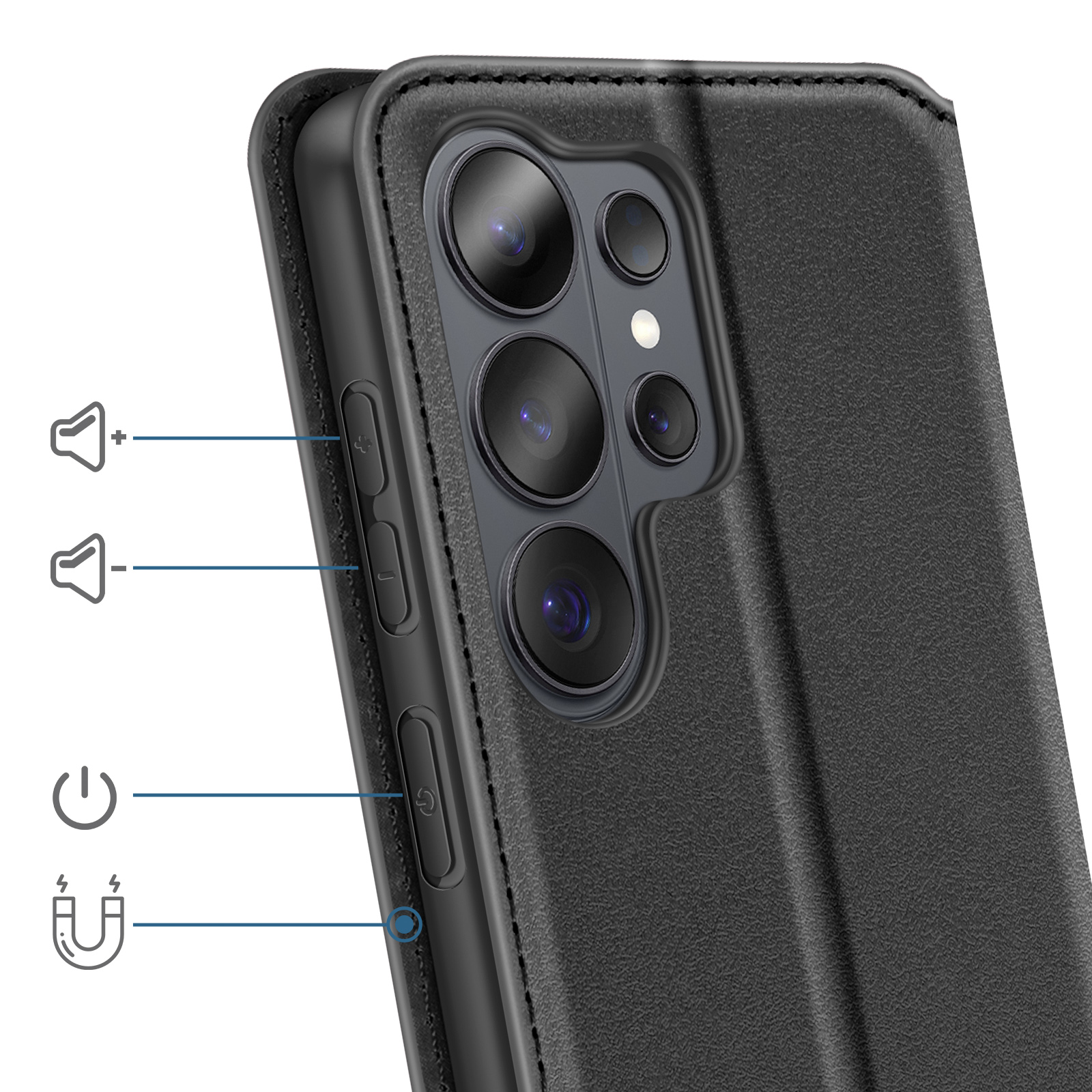 Primo piano di una custodia nera per telefono con obiettivi e pulsanti.