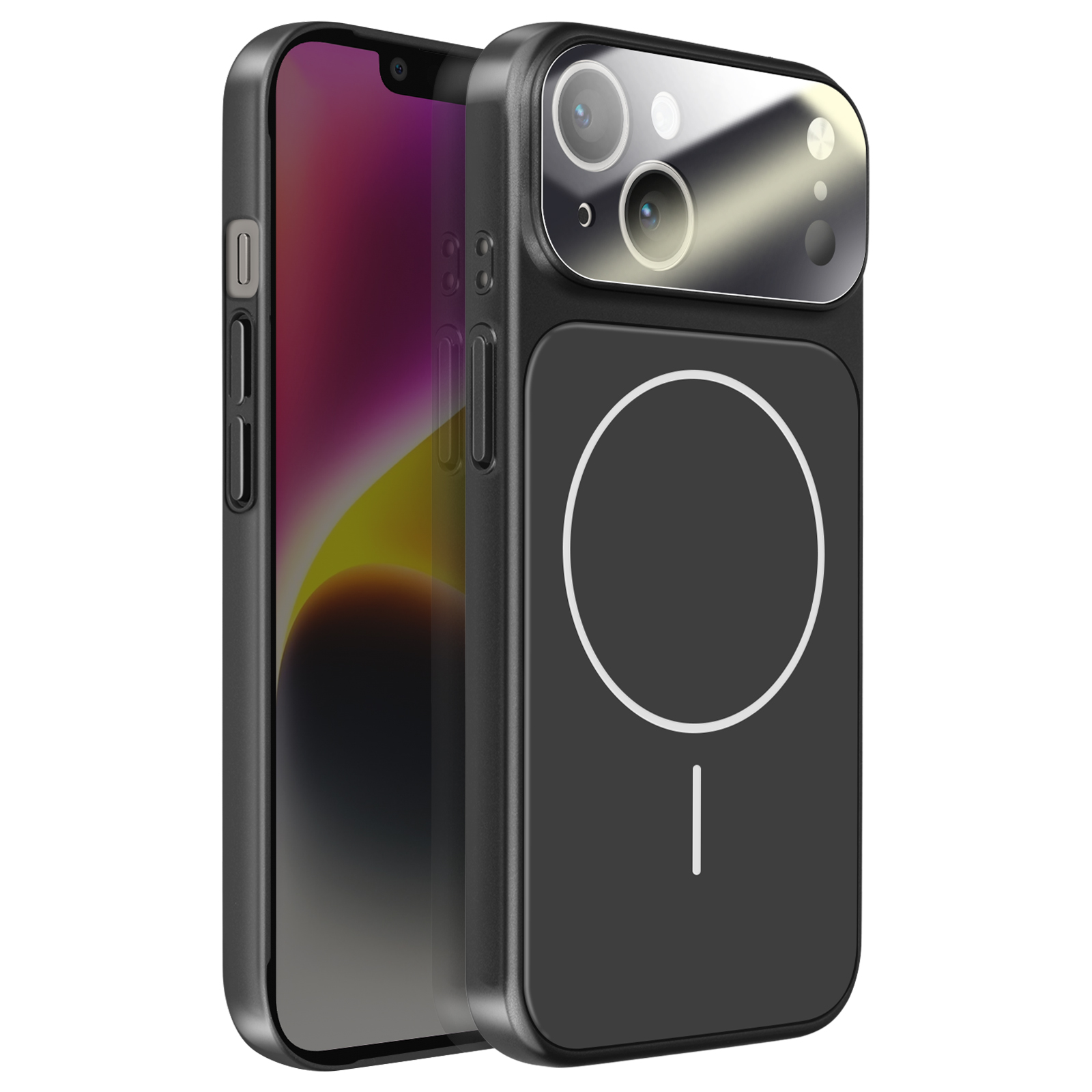 iPhone noir avec étui MagSafe. Gros plan de la caméra et du design circulaire.