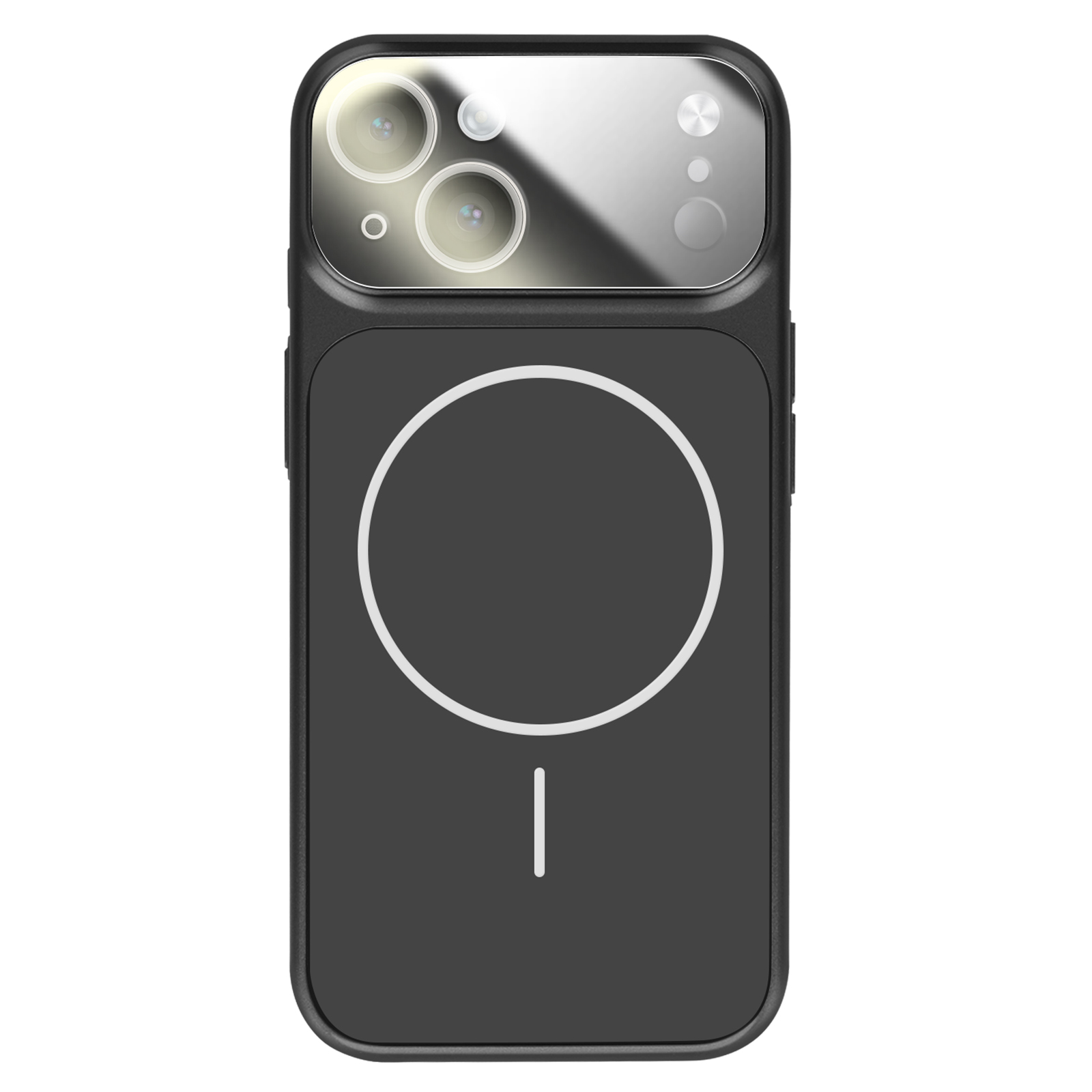 Coque noire avec trois objectifs et un cercle au dos.