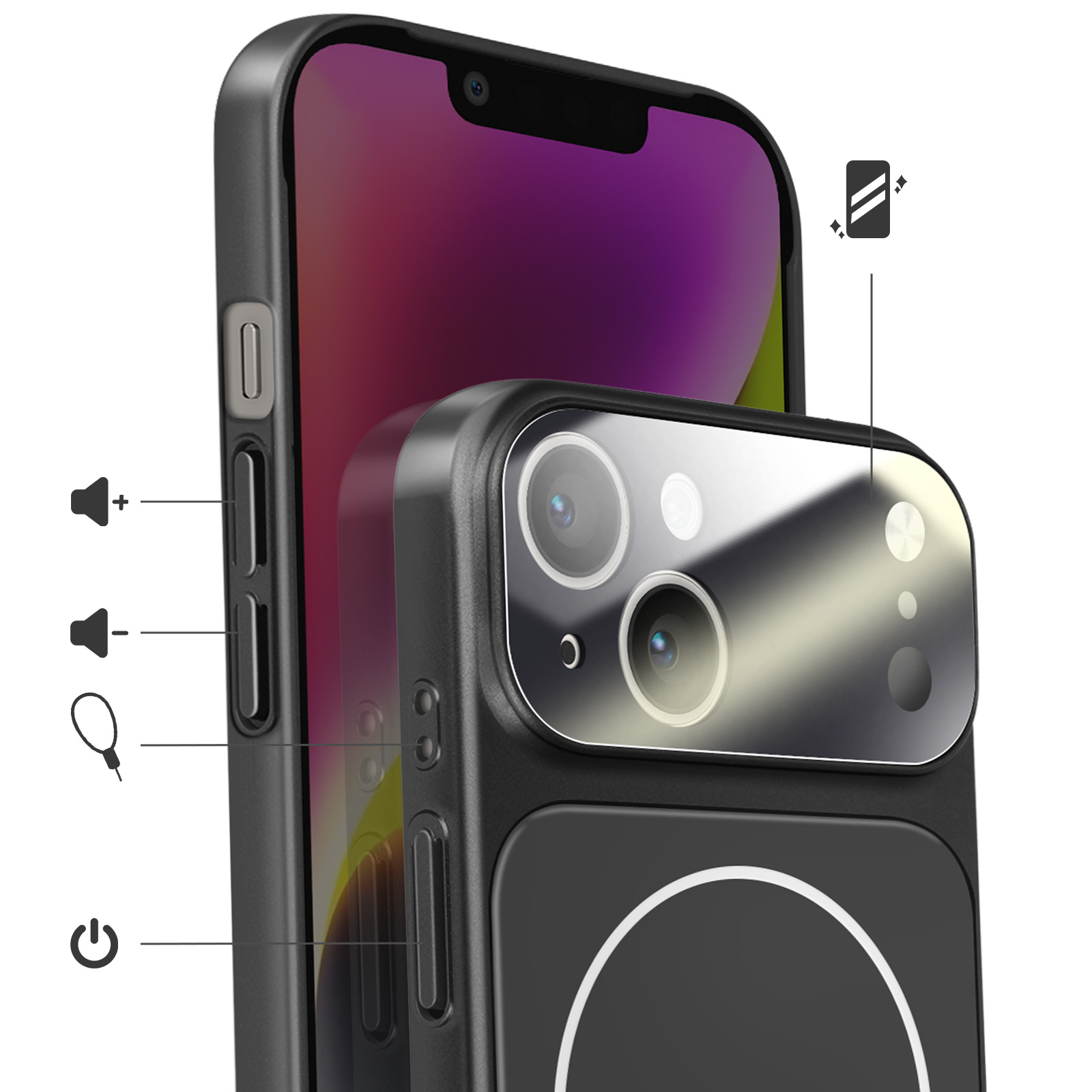 Un smartphone noir avec plusieurs caméras et boutons de contrôle.